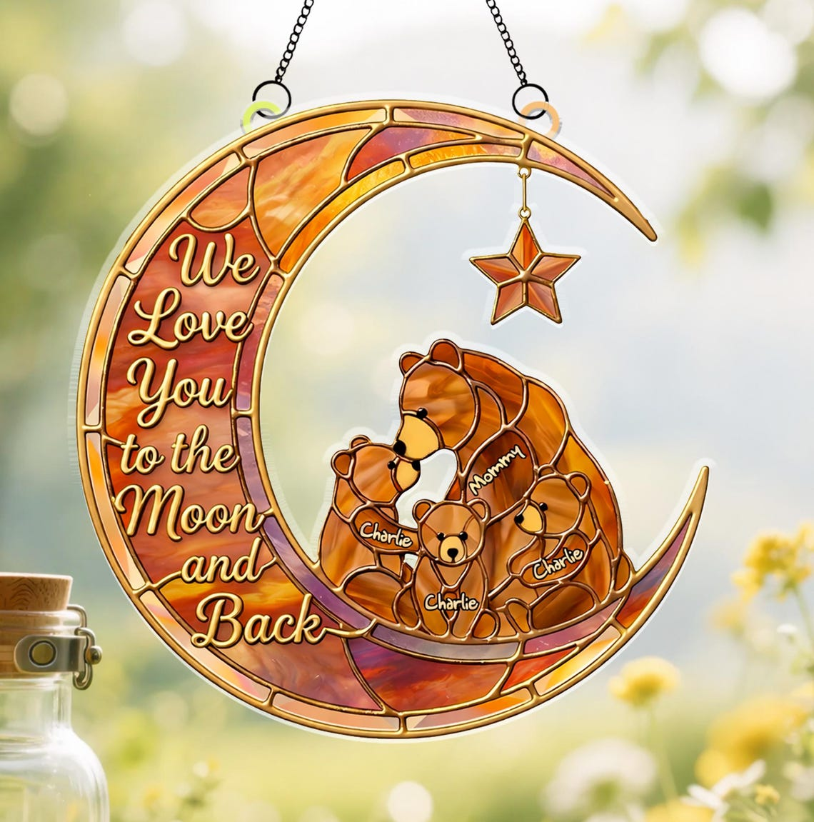 Personalized Mom Gift with Kids Names, We Love You to the Moon and Back Suncatcher, Mother's Day Gift from Kids, Custom Family Window Decor