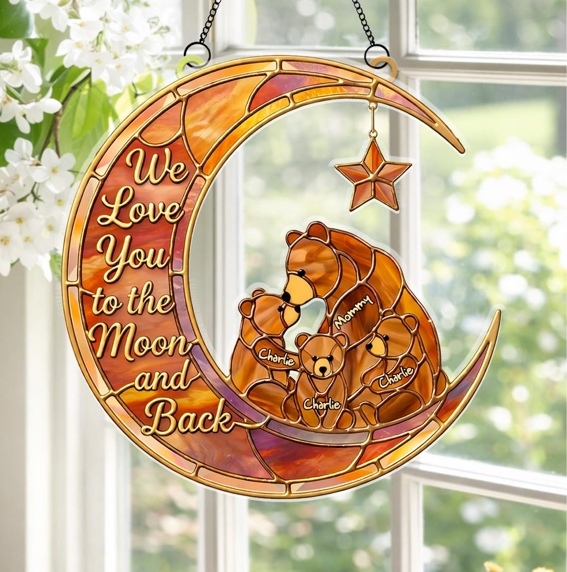 Personalized Mom Gift with Kids Names, We Love You to the Moon and Back Suncatcher, Mother's Day Gift from Kids, Custom Family Window Decor