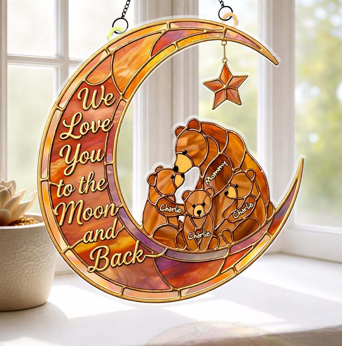 Personalized Mom Gift with Kids Names, We Love You to the Moon and Back Suncatcher, Mother's Day Gift from Kids, Custom Family Window Decor
