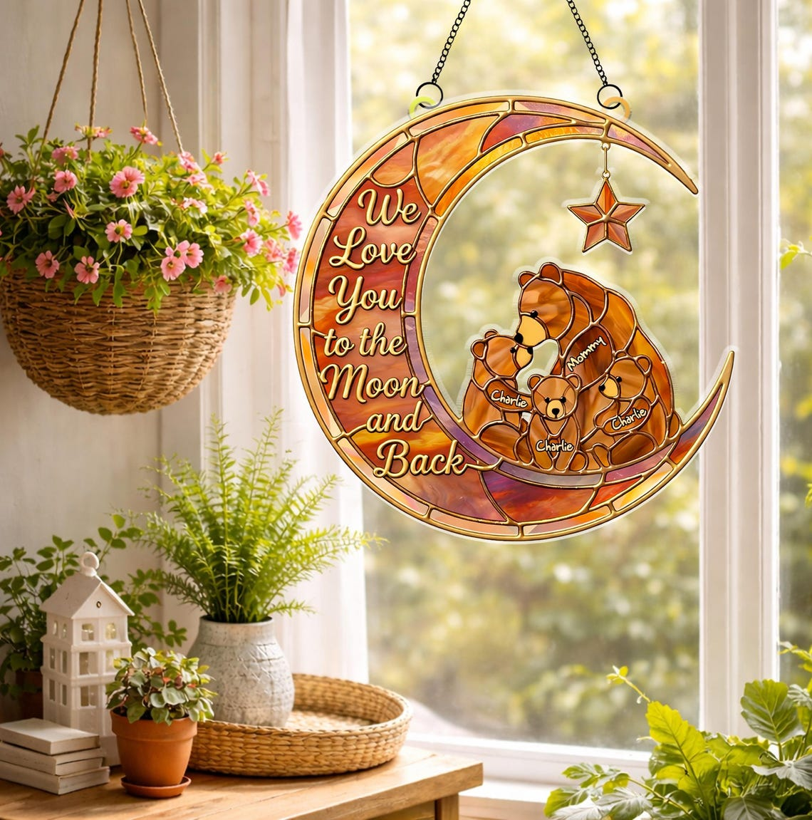 Personalized Mom Gift with Kids Names, We Love You to the Moon and Back Suncatcher, Mother's Day Gift from Kids, Custom Family Window Decor