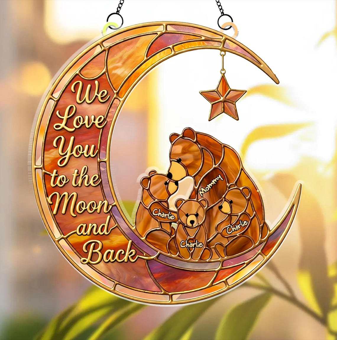 Personalized Mom Gift with Kids Names, We Love You to the Moon and Back Suncatcher, Mother's Day Gift from Kids, Custom Family Window Decor