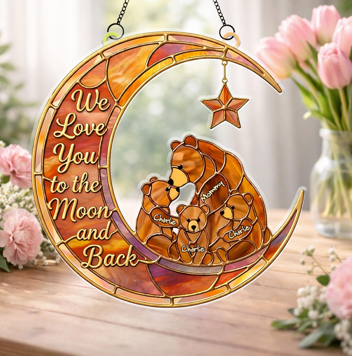 Personalized Mom Gift with Kids Names, We Love You to the Moon and Back Suncatcher, Mother's Day Gift from Kids, Custom Family Window Decor