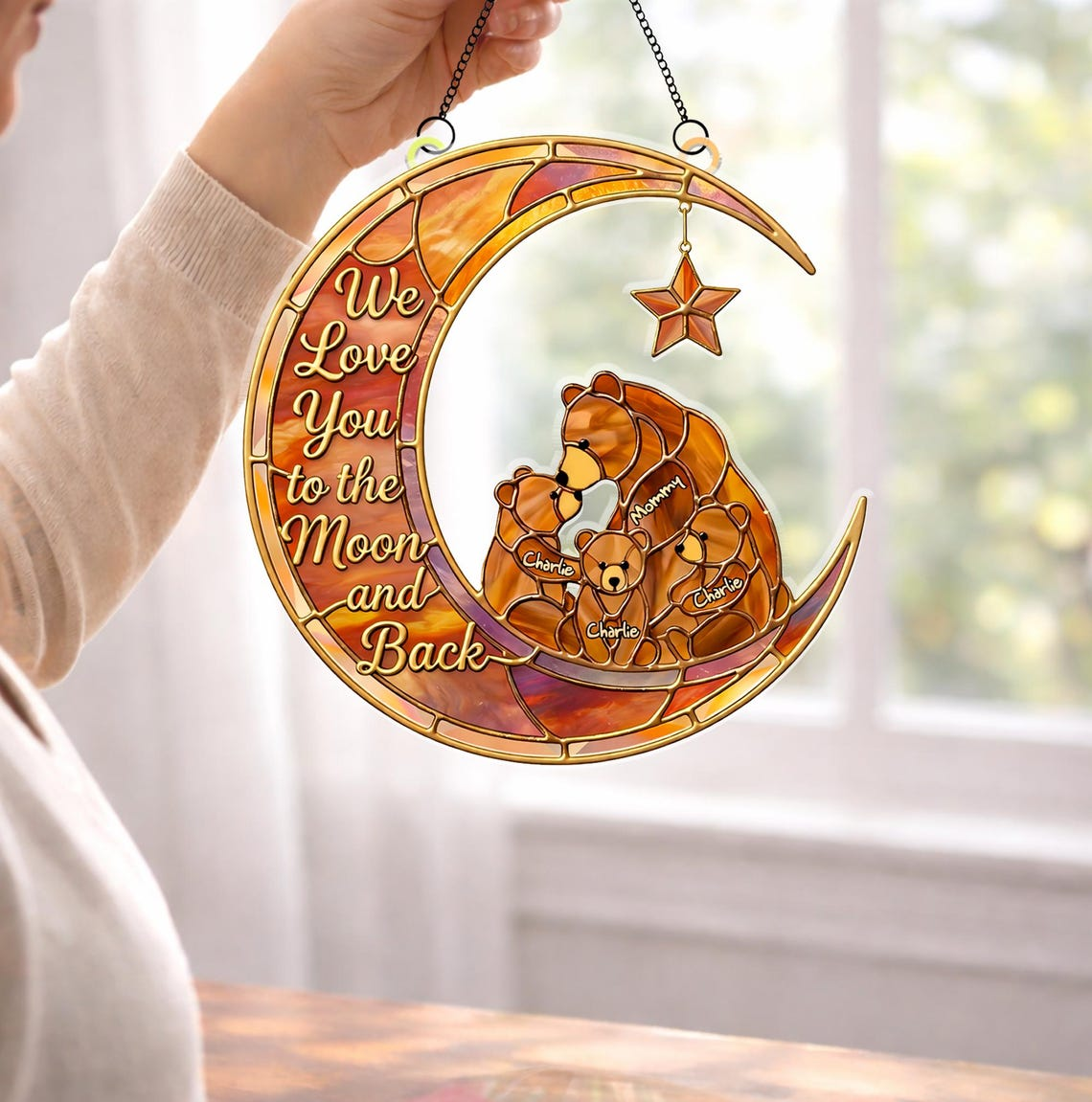 Personalized Mom Gift with Kids Names, We Love You to the Moon and Back Suncatcher, Mother's Day Gift from Kids, Custom Family Window Decor