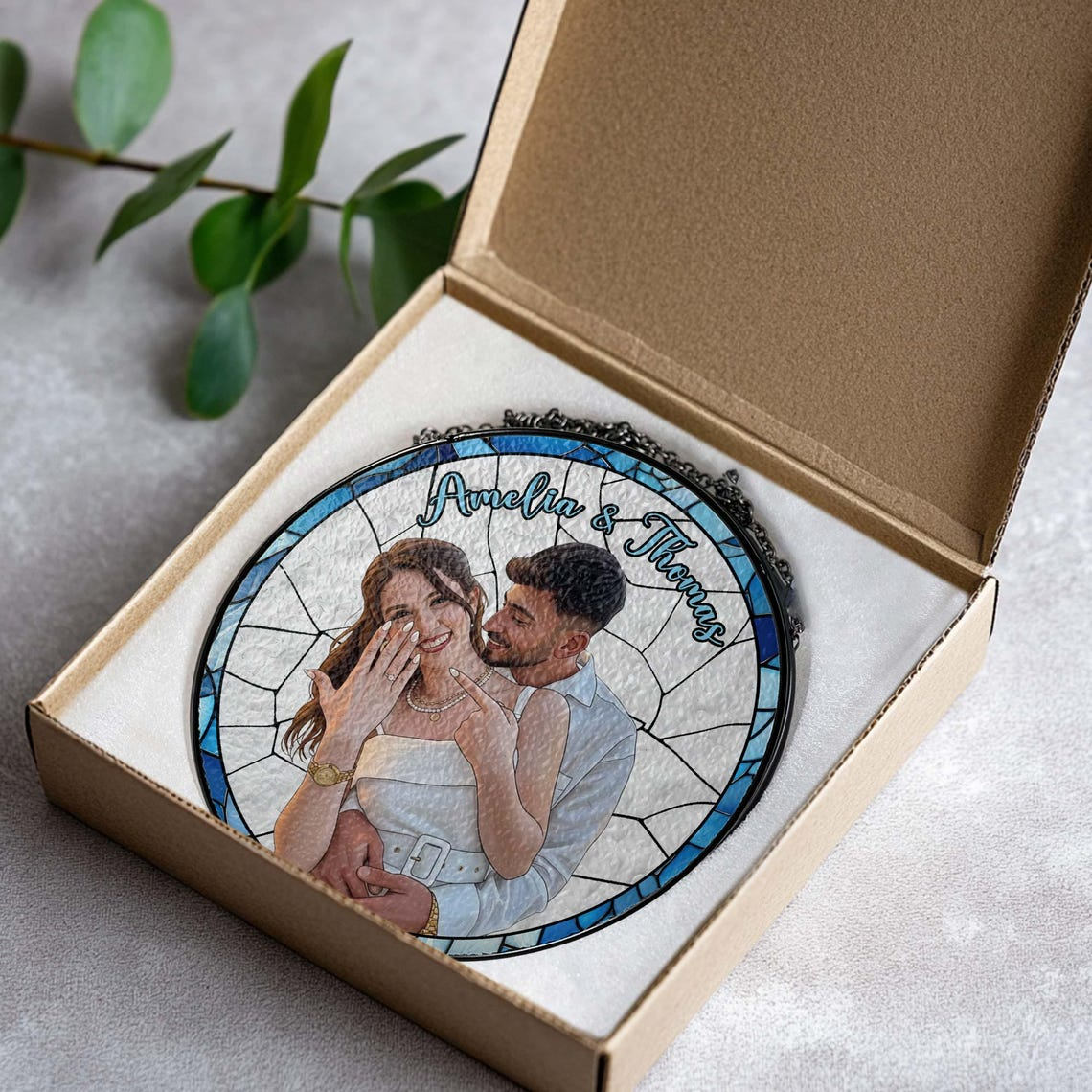 Custom Couple Photo Stained Glass, Wedding Anniversary Suncatcher, Family Potrait Window Decor Gift For Husband Wife, Grandparents Gift