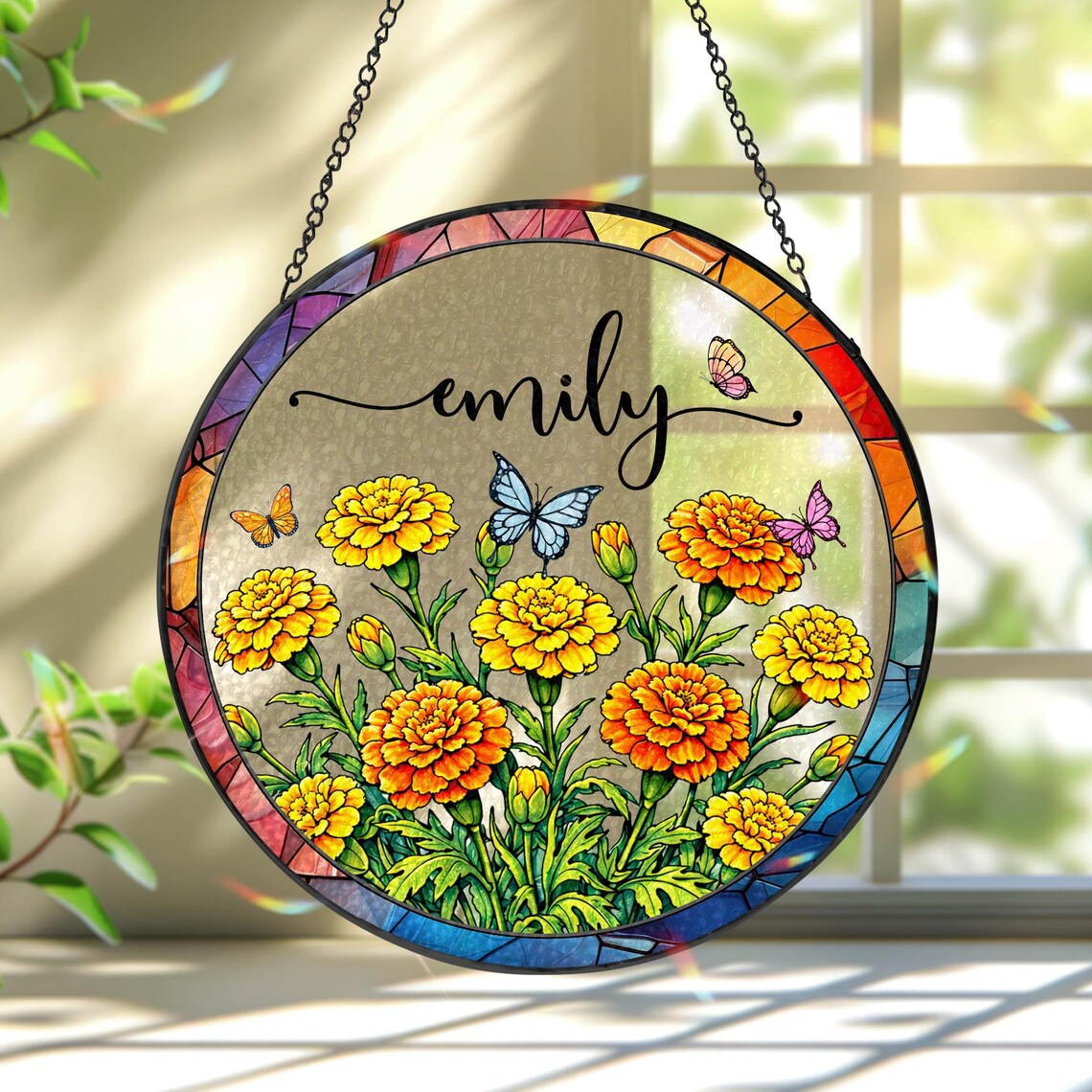 Custom Birth Month Flower Glass Suncatcher, Mother's Day Gift, Grandma's Garden Decor, Stained Glass Flower Window Hanging, Names Gift
