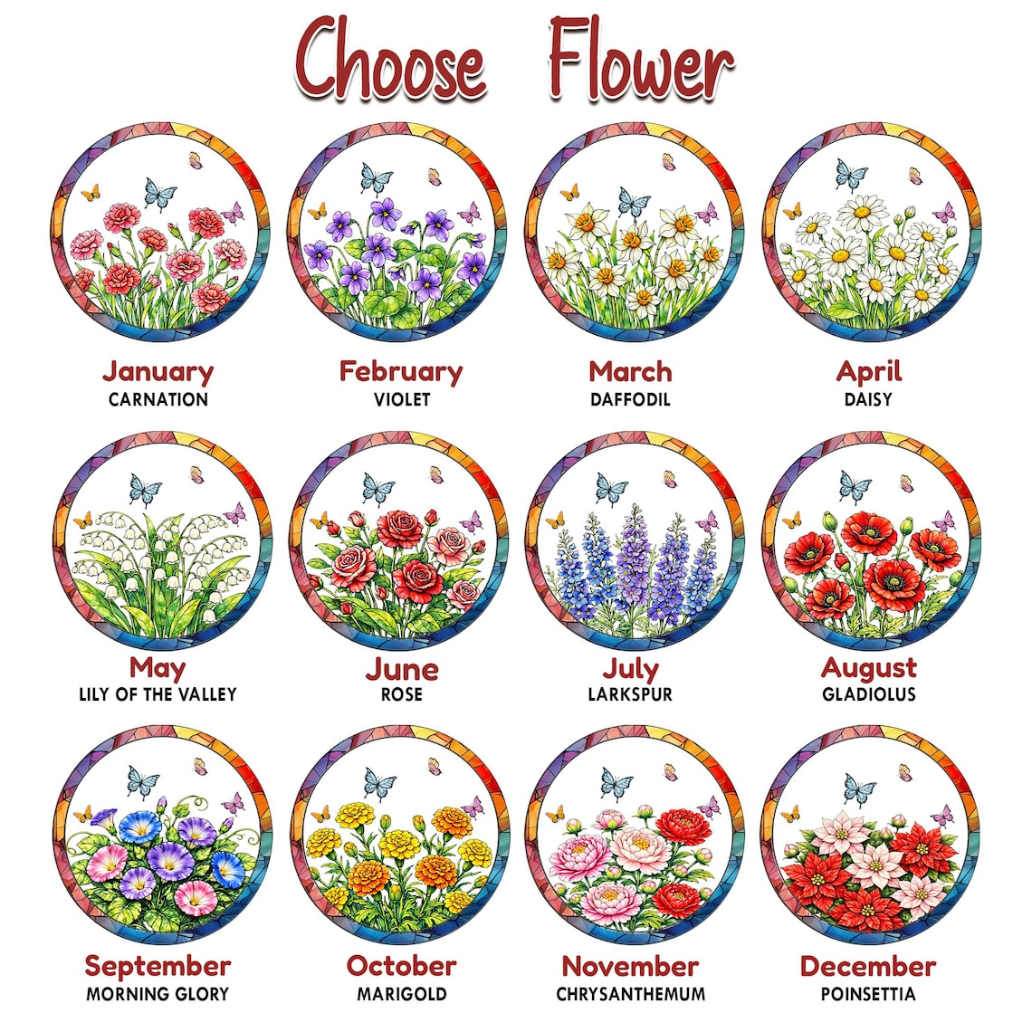 Custom Birth Month Flower Glass Suncatcher, Mother's Day Gift, Grandma's Garden Decor, Stained Glass Flower Window Hanging, Names Gift