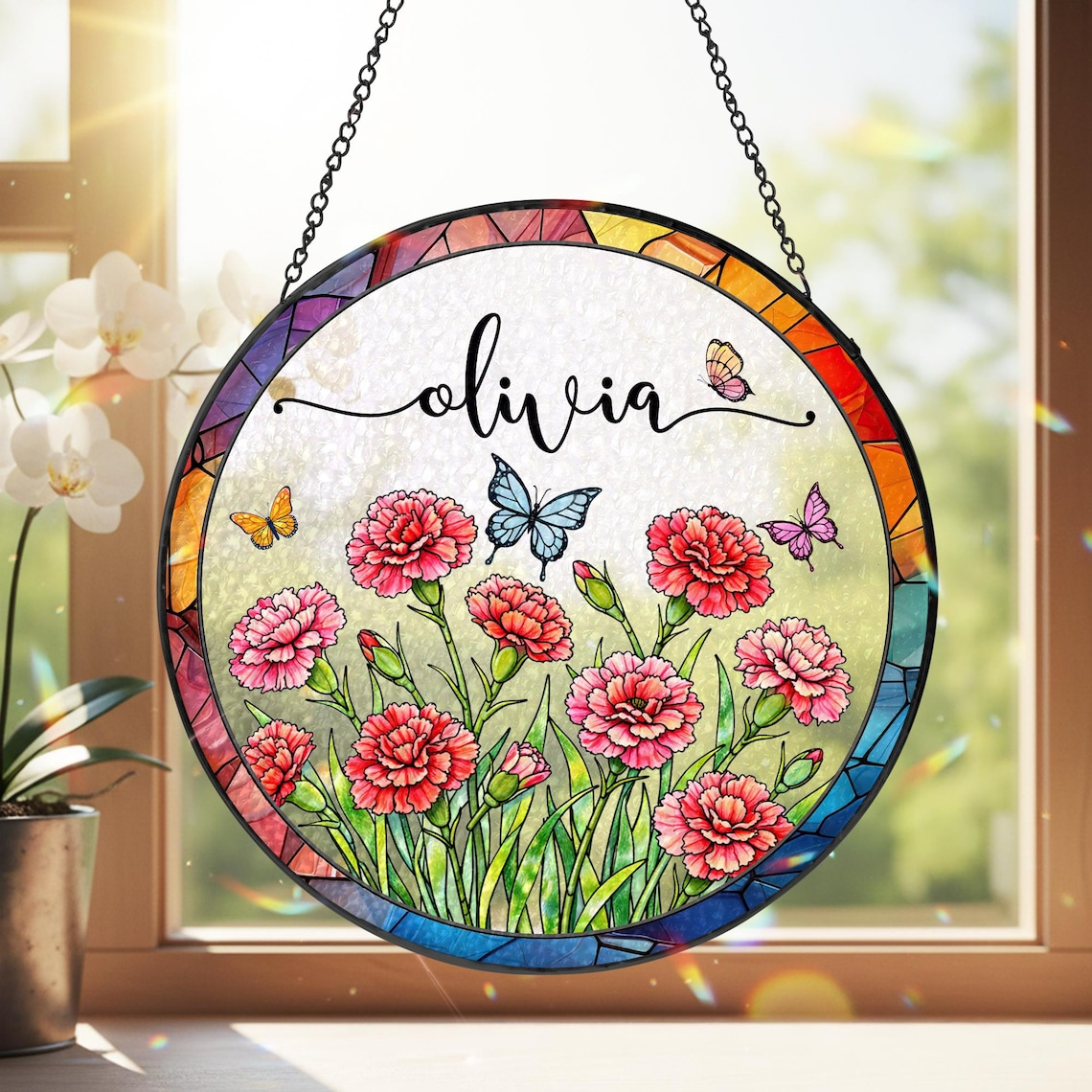 Custom Birth Month Flower Glass Suncatcher, Mother's Day Gift, Grandma's Garden Decor, Stained Glass Flower Window Hanging, Names Gift