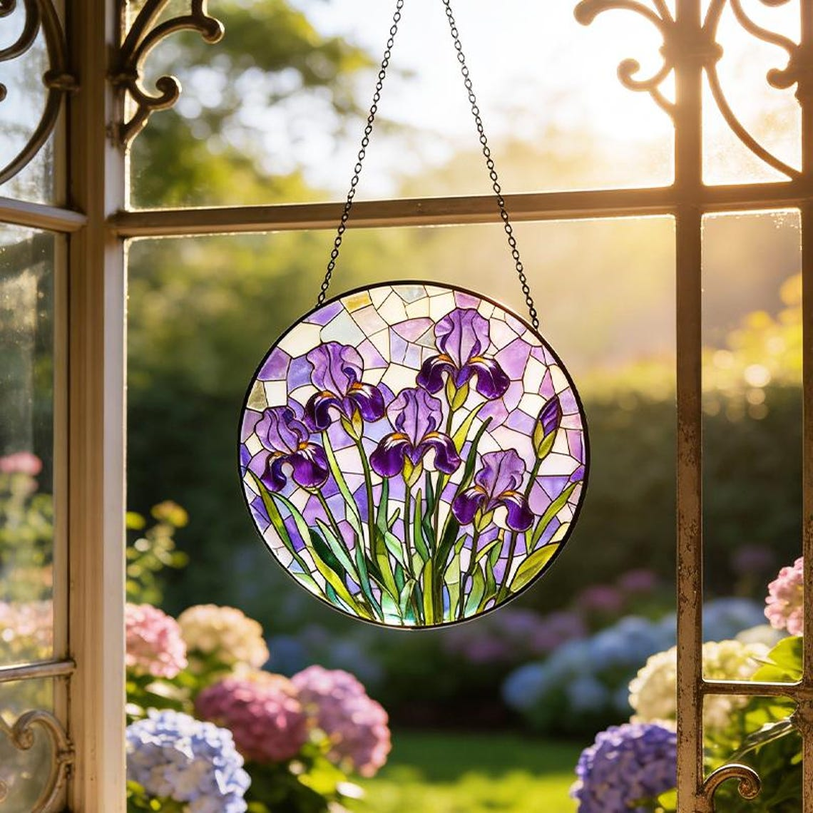 Purple Iris Stained Glass Suncatcher,Floral Window Hanging Art,Iris Flower Catcher,Garden Lover Gift,Stained Glass Decor,Mothers Day Gift