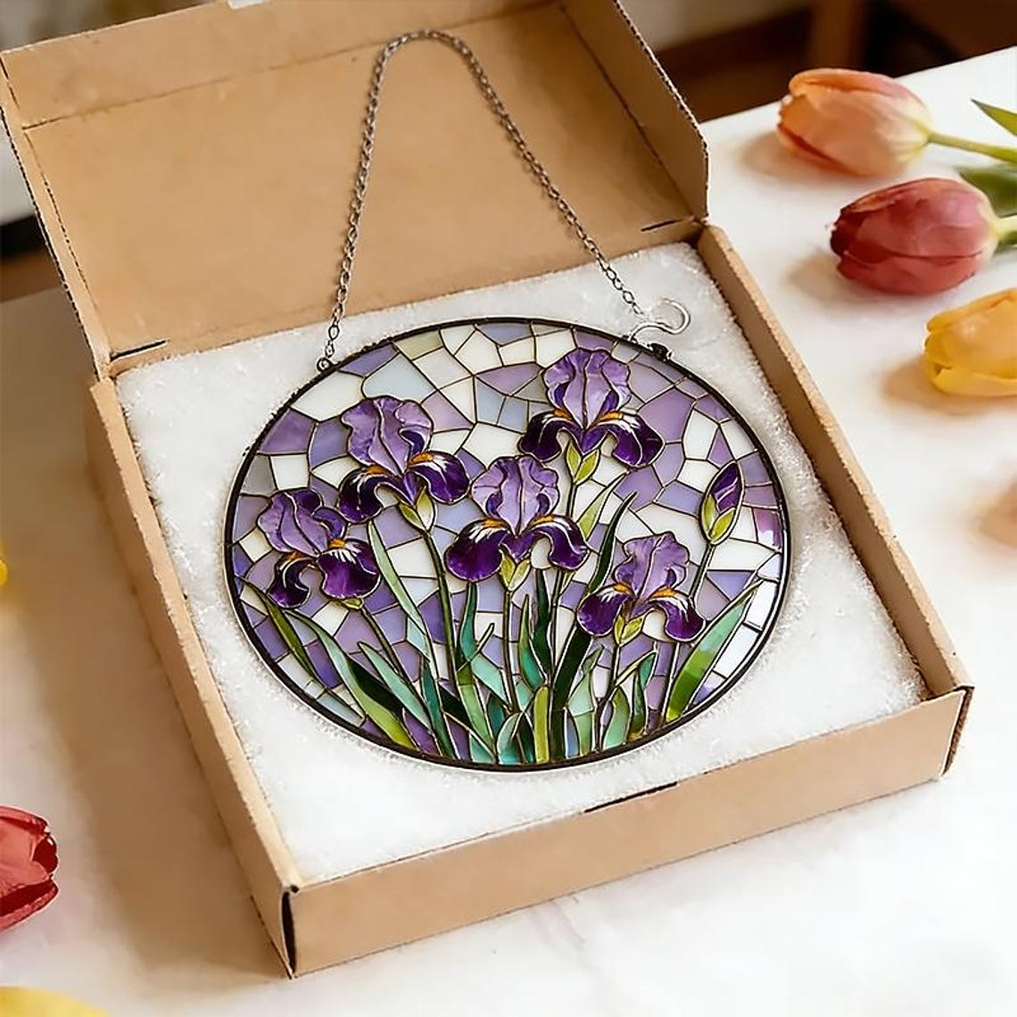 Purple Iris Stained Glass Suncatcher,Floral Window Hanging Art,Iris Flower Catcher,Garden Lover Gift,Stained Glass Decor,Mothers Day Gift