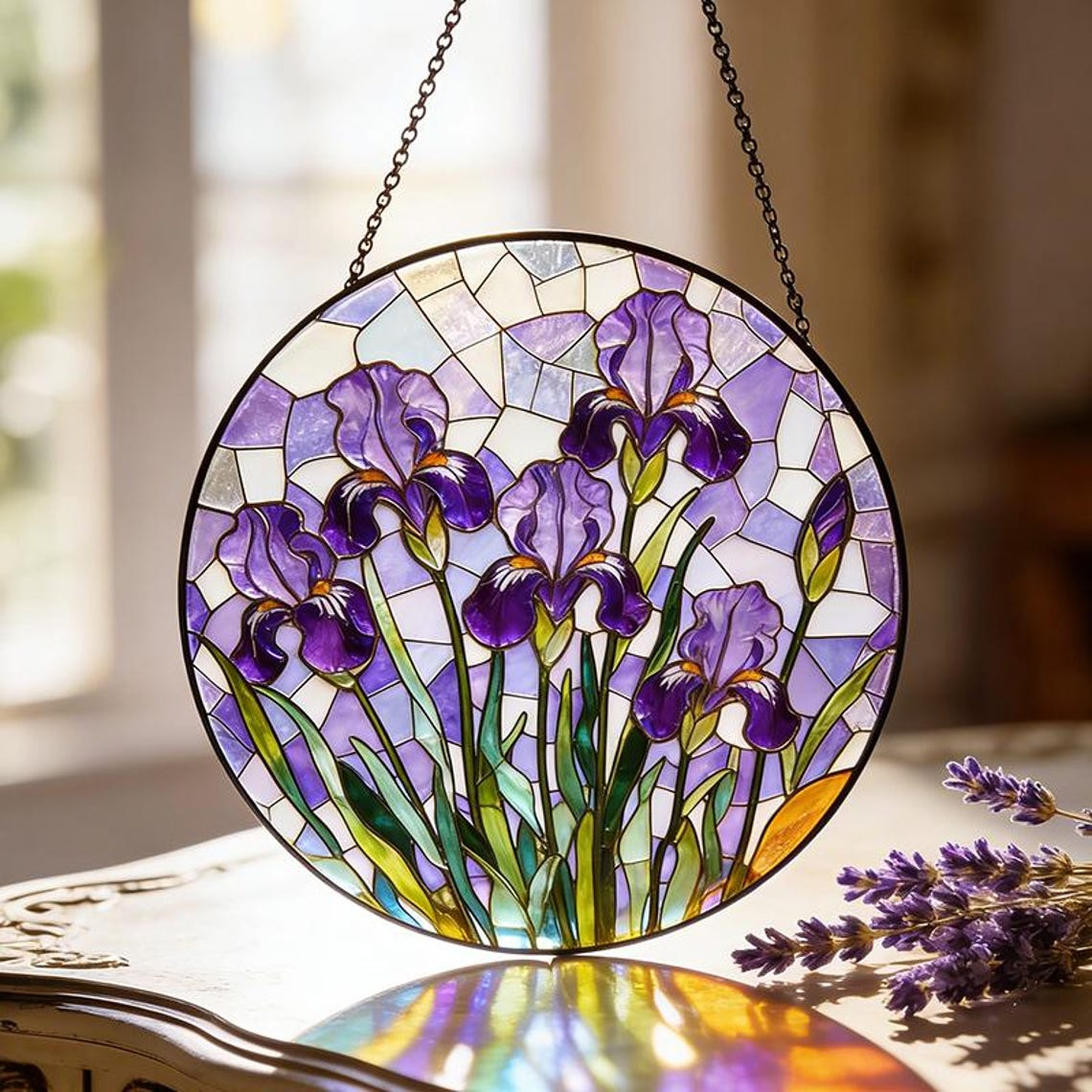 Purple Iris Stained Glass Suncatcher,Floral Window Hanging Art,Iris Flower Catcher,Garden Lover Gift,Stained Glass Decor,Mothers Day Gift