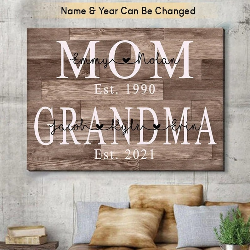 Personalized Mom Est Grandma Est Canvas Prints with Grandkids, Gift for Mom, Mother's Day Gift For Mom Grandmother