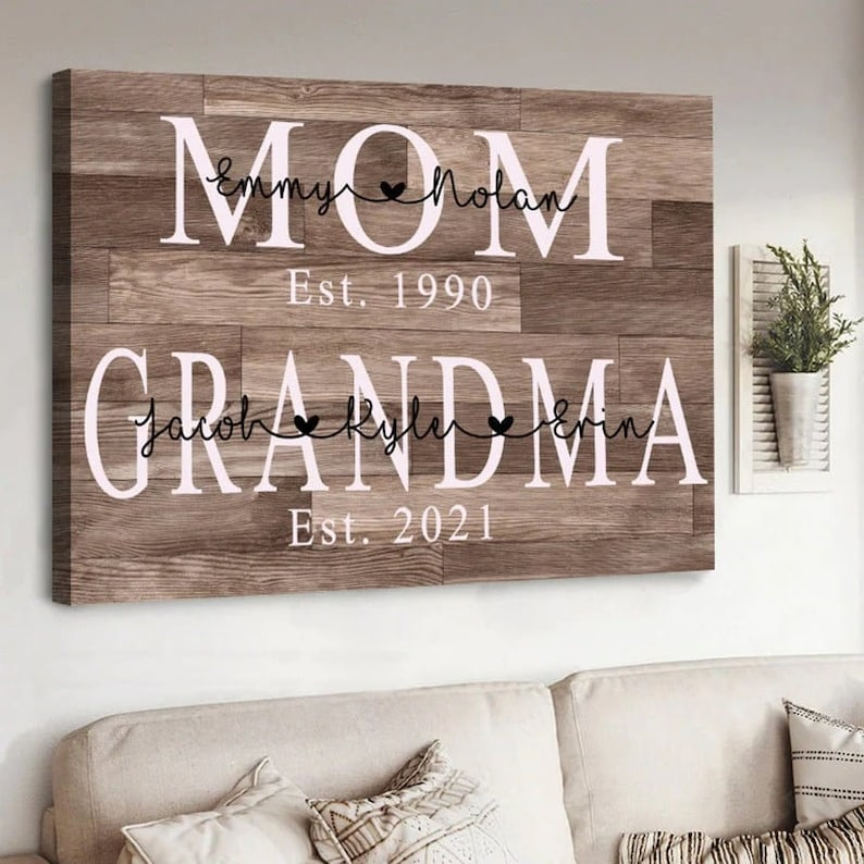 Personalized Mom Est Grandma Est Canvas Prints with Grandkids, Gift for Mom, Mother's Day Gift For Mom Grandmother