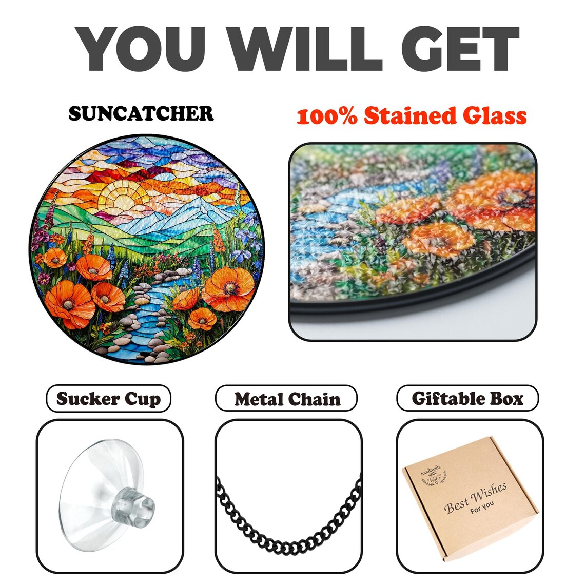 Mountain Wildflowers Stained Glass, Nature Poppy Flowers Suncatcher Window Hanging, Mother Day Gift For Mom Grandma Mama Nini Nana