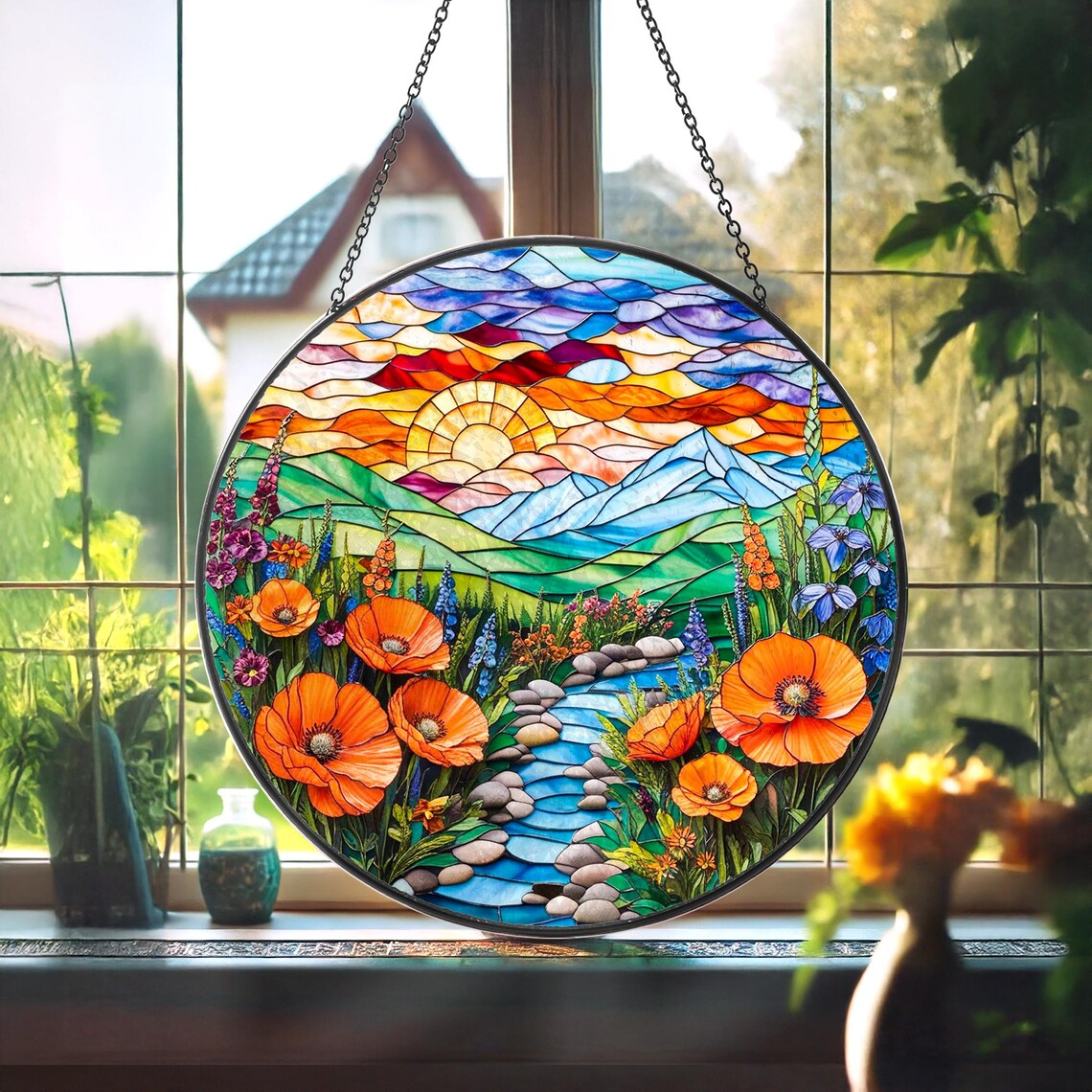Mountain Wildflowers Stained Glass, Nature Poppy Flowers Suncatcher Window Hanging, Mother Day Gift For Mom Grandma Mama Nini Nana