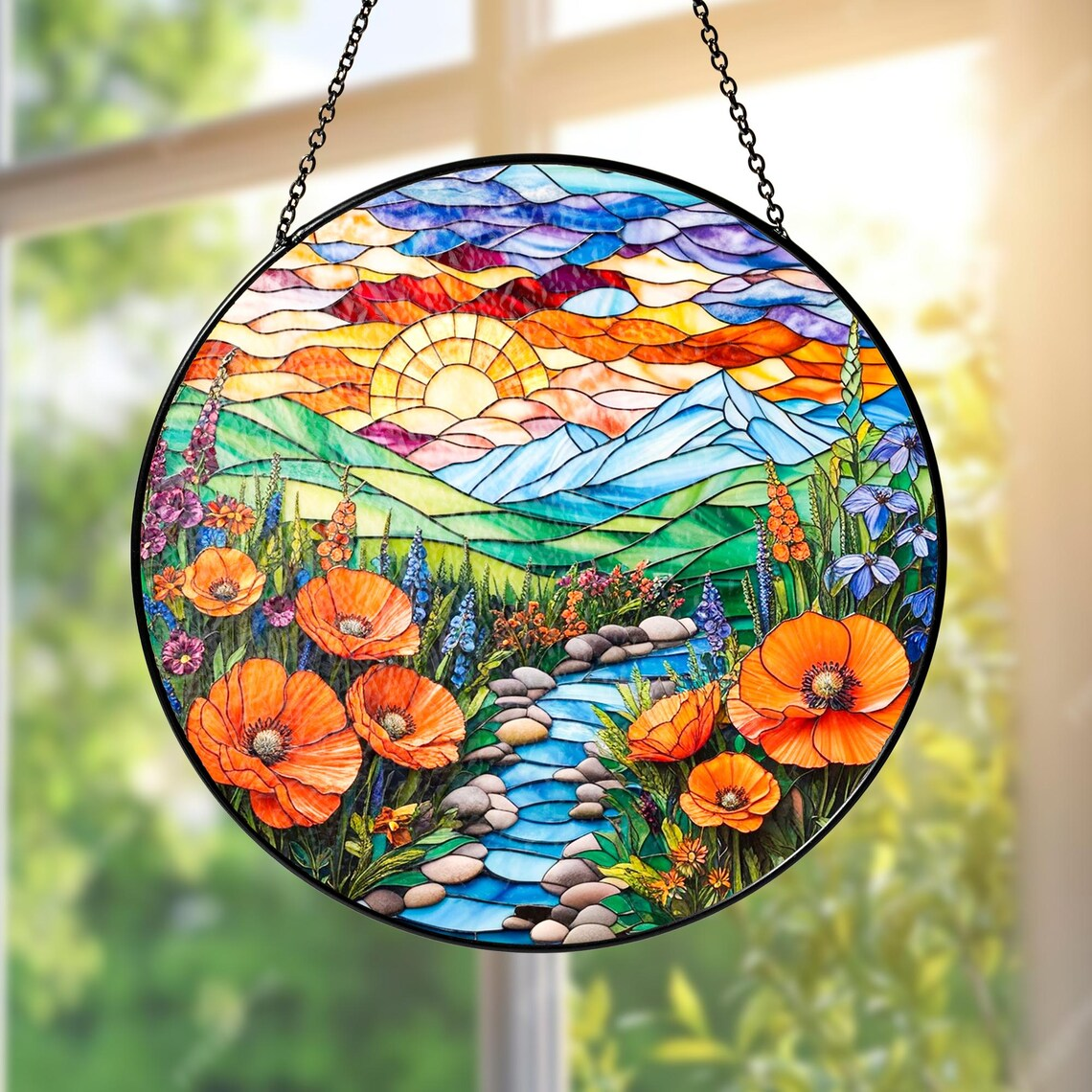 Mountain Wildflowers Stained Glass, Nature Poppy Flowers Suncatcher Window Hanging, Mother Day Gift For Mom Grandma Mama Nini Nana