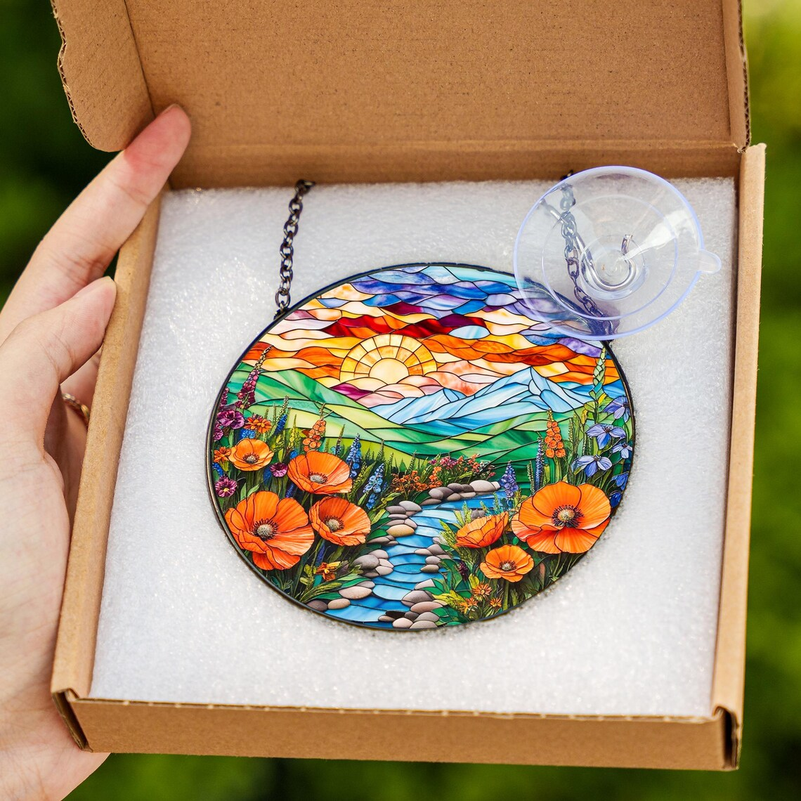 Mountain Wildflowers Stained Glass, Nature Poppy Flowers Suncatcher Window Hanging, Mother Day Gift For Mom Grandma Mama Nini Nana
