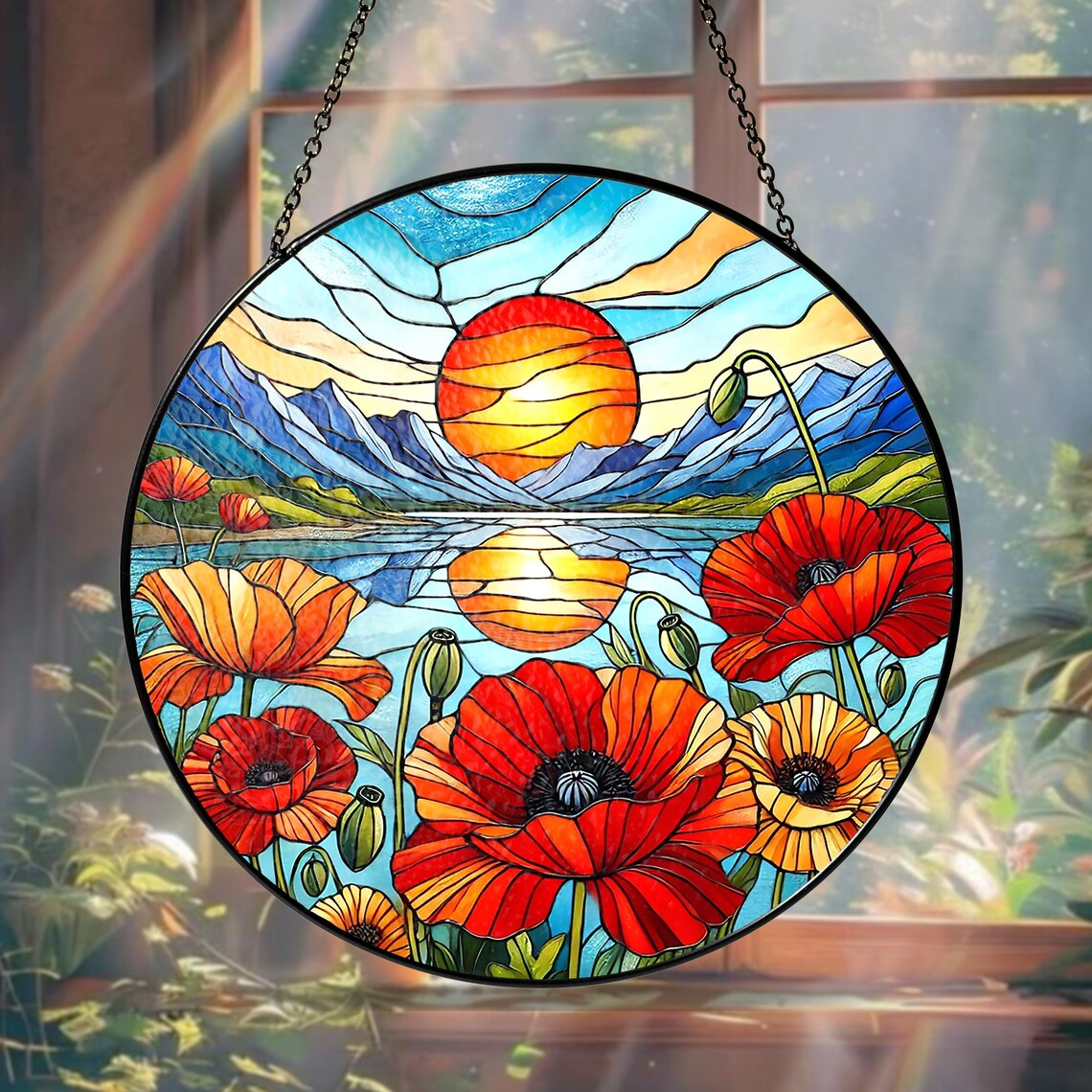 Mountain Wildflowers Stained Glass, Nature Poppy Flowers Suncatcher Window Hanging, Mother Day Gift For Mom Grandma Mama Nini Nana