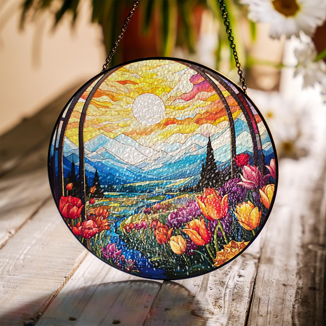 Mountain Wildflowers Stained Glass, Nature Poppy Flowers Suncatcher Window Hanging, Mother Day Gift For Mom Grandma Mama Nini Nana