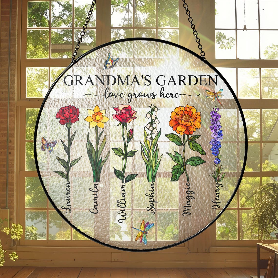 Personalized Grandma's Garden Stained Glass Suncatcher: Custom Birth Month Flowers