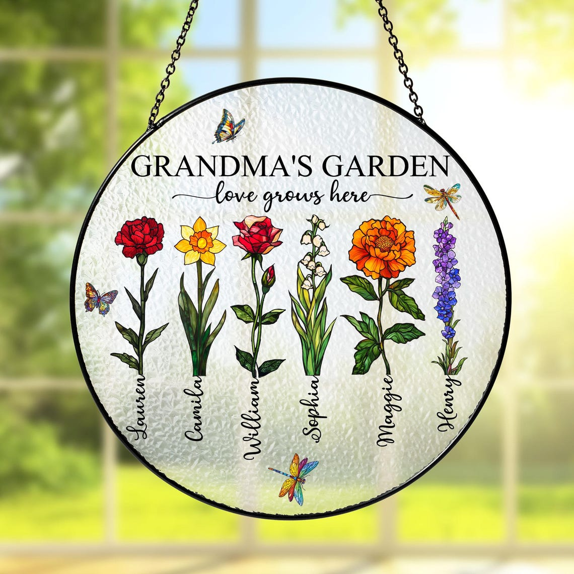 Personalized Grandma's Garden Stained Glass Suncatcher: Custom Birth Month Flowers