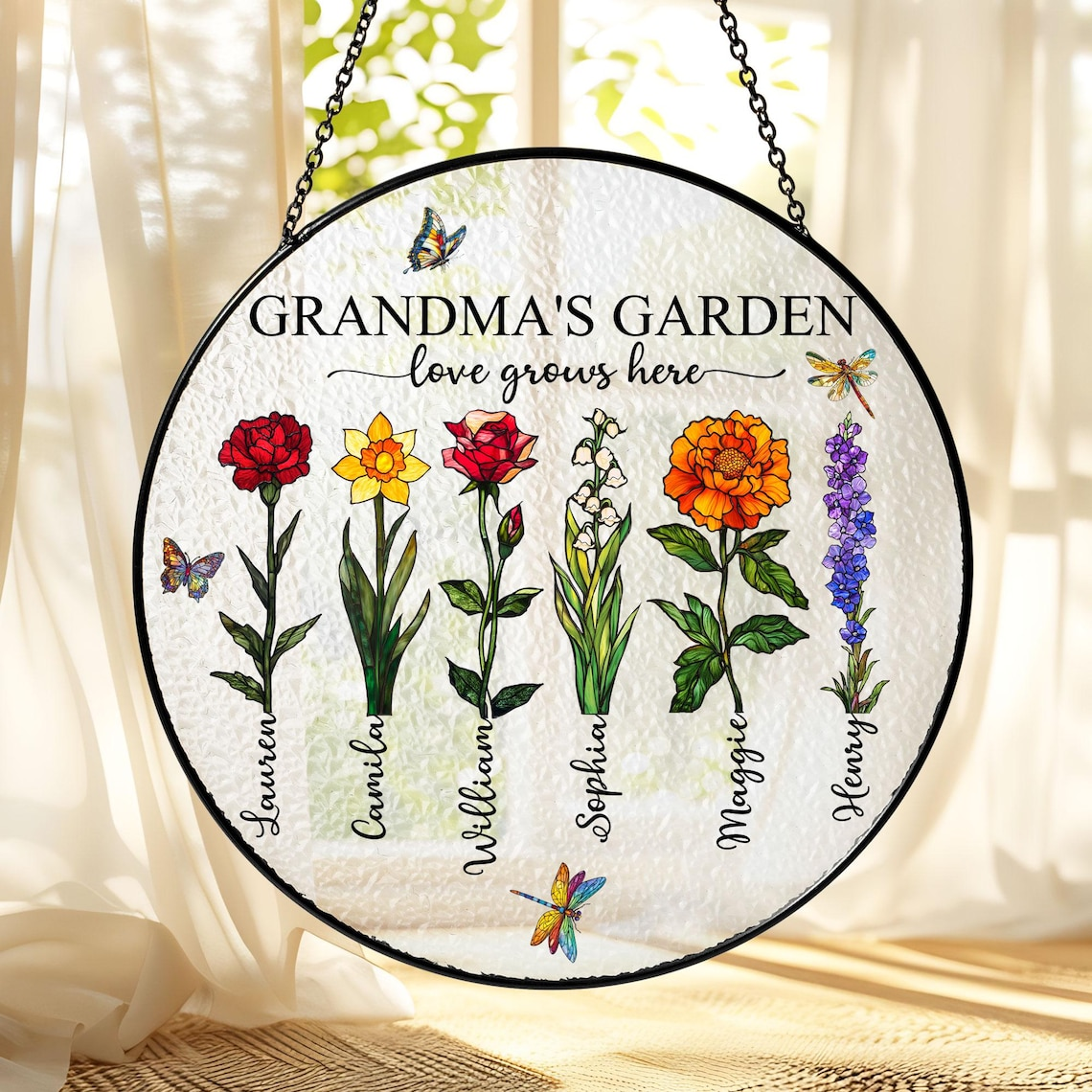 Personalized Grandma's Garden Stained Glass Suncatcher: Custom Birth Month Flowers