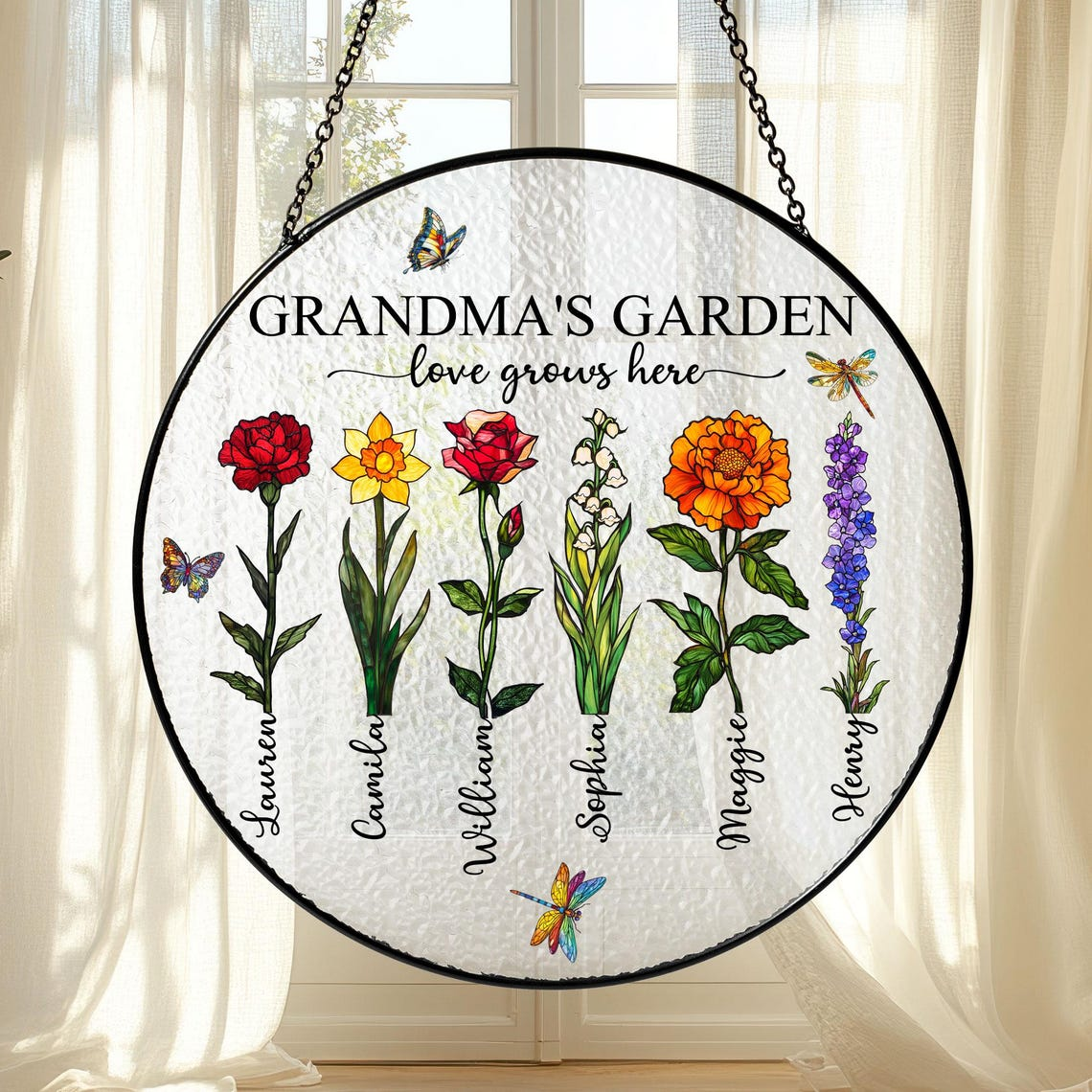 Personalized Grandma's Garden Stained Glass Suncatcher: Custom Birth Month Flowers