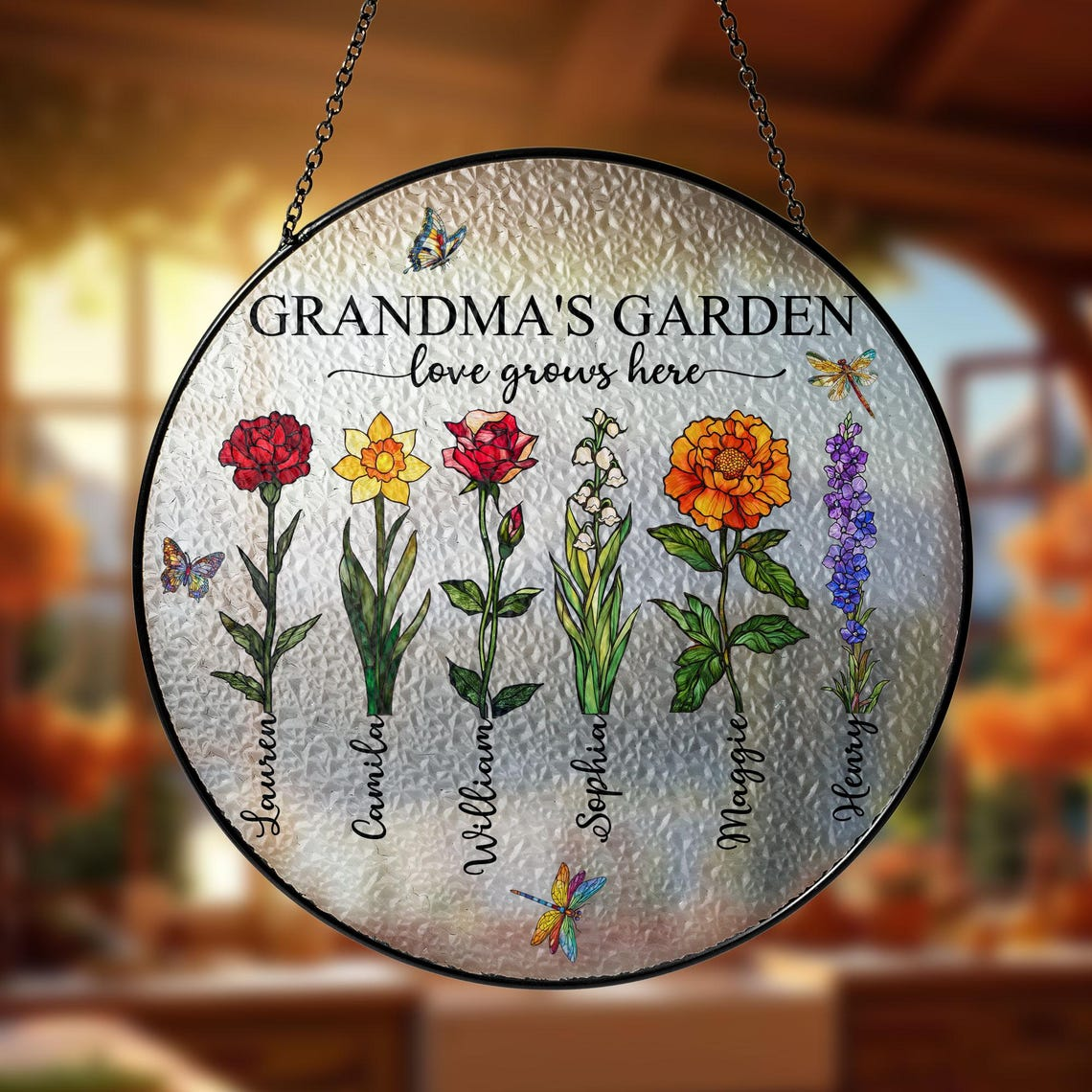 Personalized Grandma's Garden Stained Glass Suncatcher: Custom Birth Month Flowers