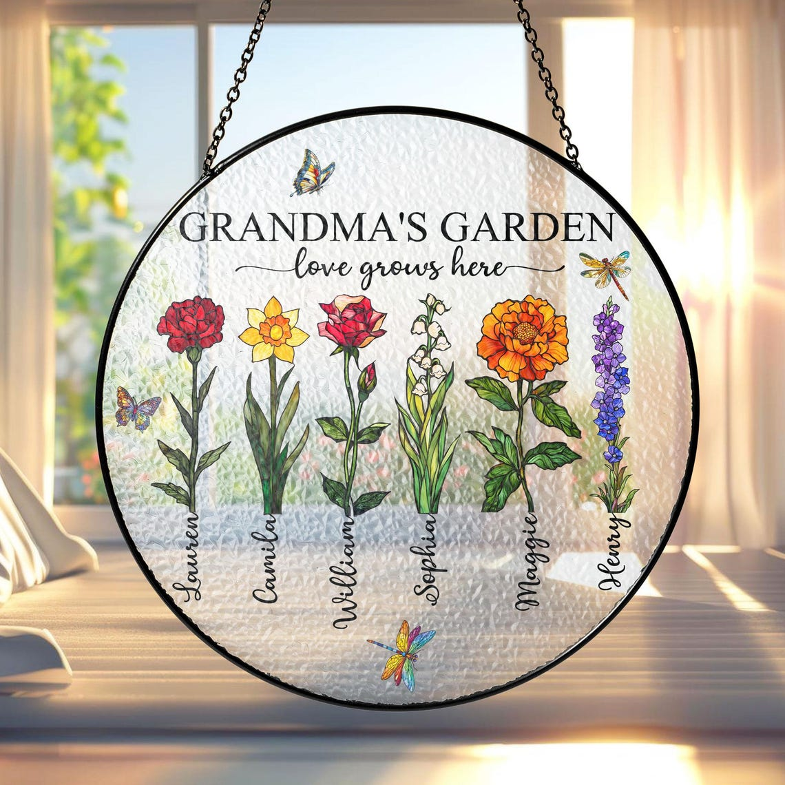 Personalized Grandma's Garden Stained Glass Suncatcher: Custom Birth Month Flowers