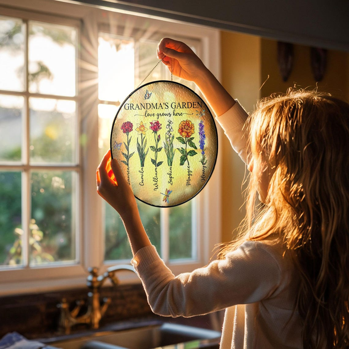 Personalized Grandma's Garden Stained Glass Suncatcher: Custom Birth Month Flowers