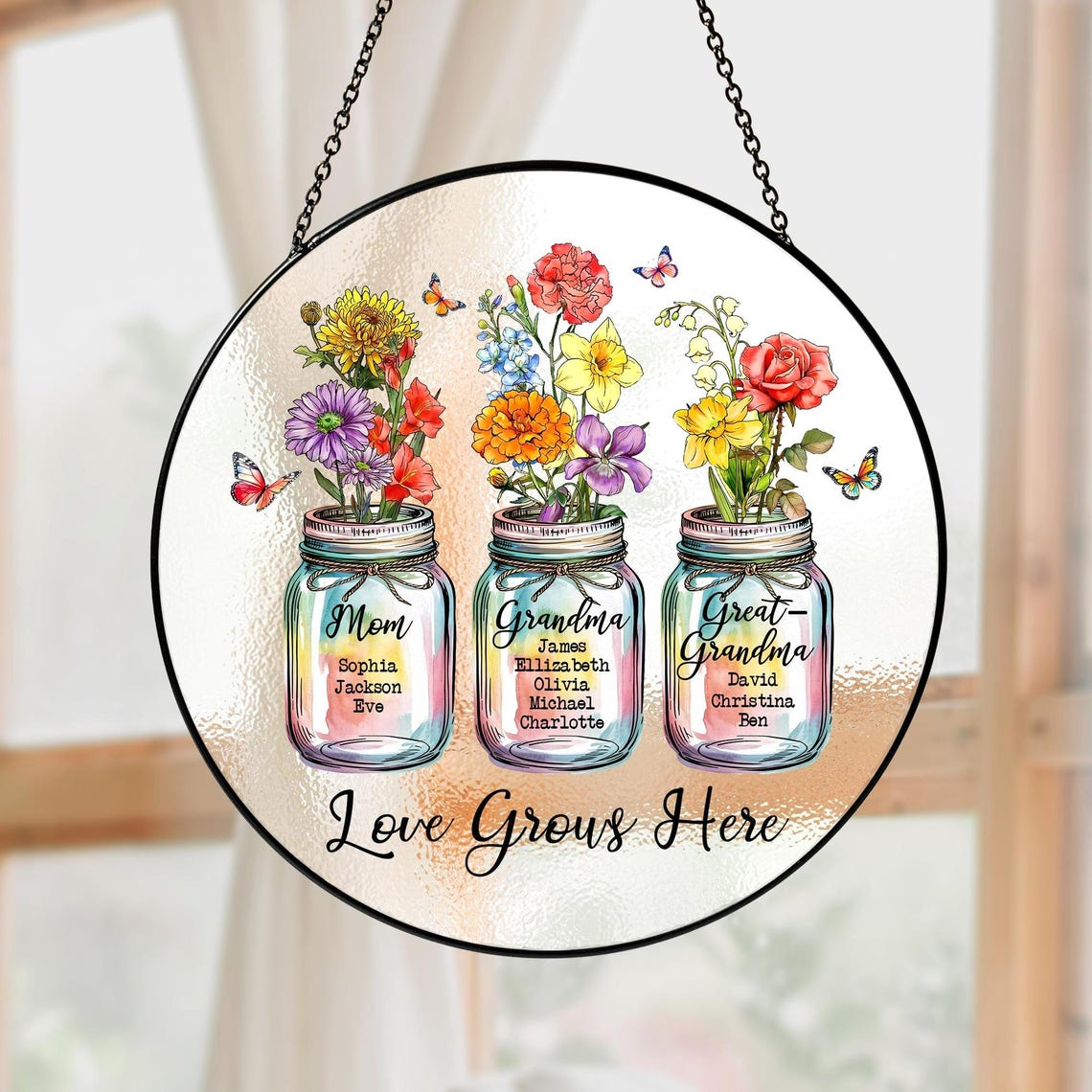 Personalized Grandma Suncatcher, Birth Month Flower Stained Glass, Great Grandmas Garden Suncatcher, Mother Day Gift for Grandma, Nana, Gigi