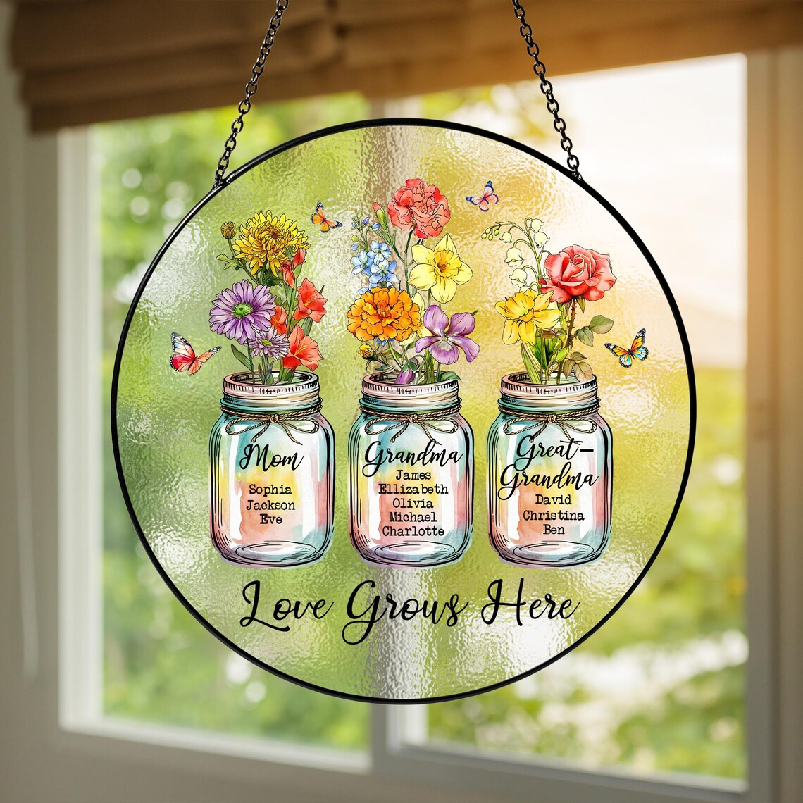 Personalized Grandma Suncatcher, Birth Month Flower Stained Glass, Great Grandmas Garden Suncatcher, Mother Day Gift for Grandma, Nana, Gigi