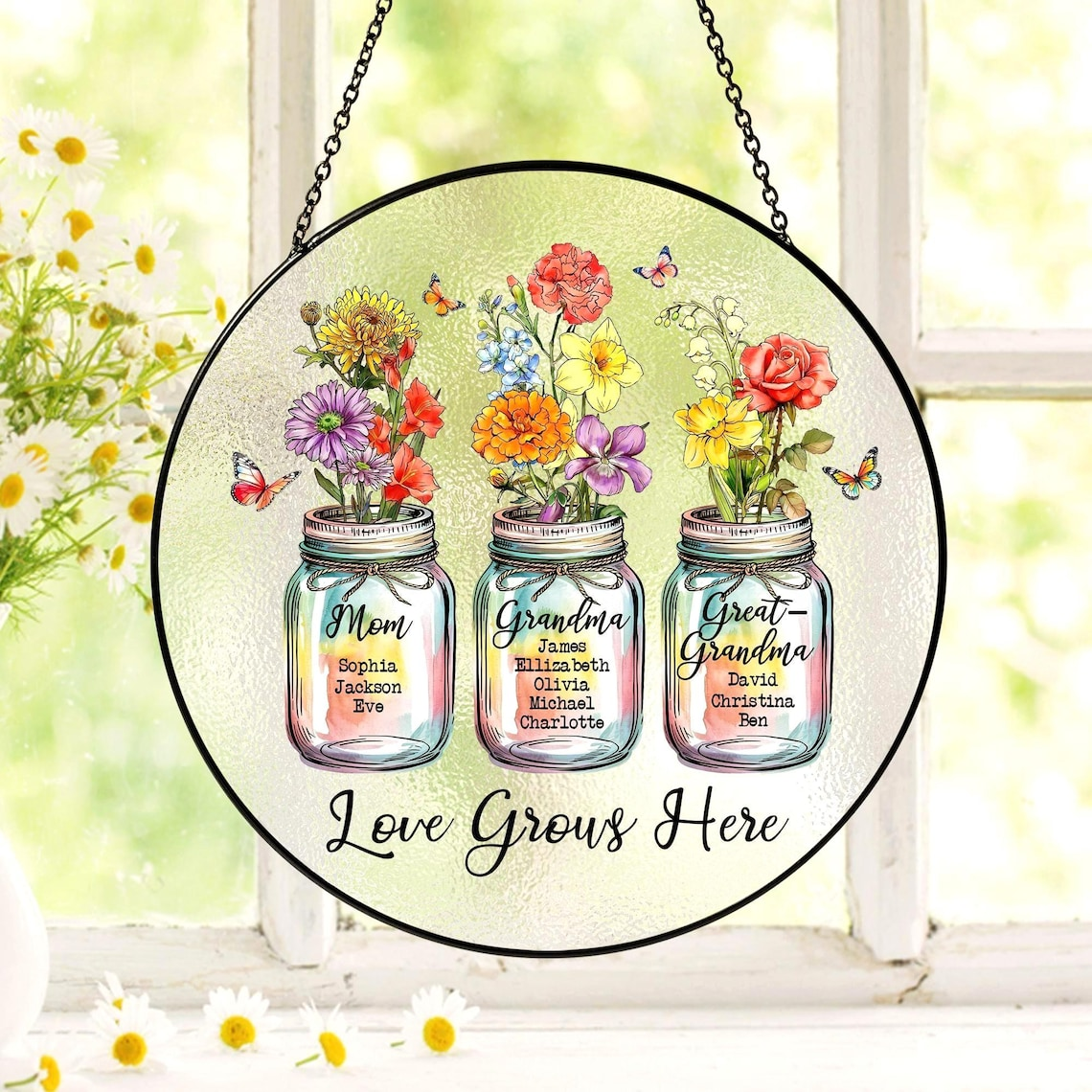 Personalized Grandma Suncatcher, Birth Month Flower Stained Glass, Great Grandmas Garden Suncatcher, Mother Day Gift for Grandma, Nana, Gigi