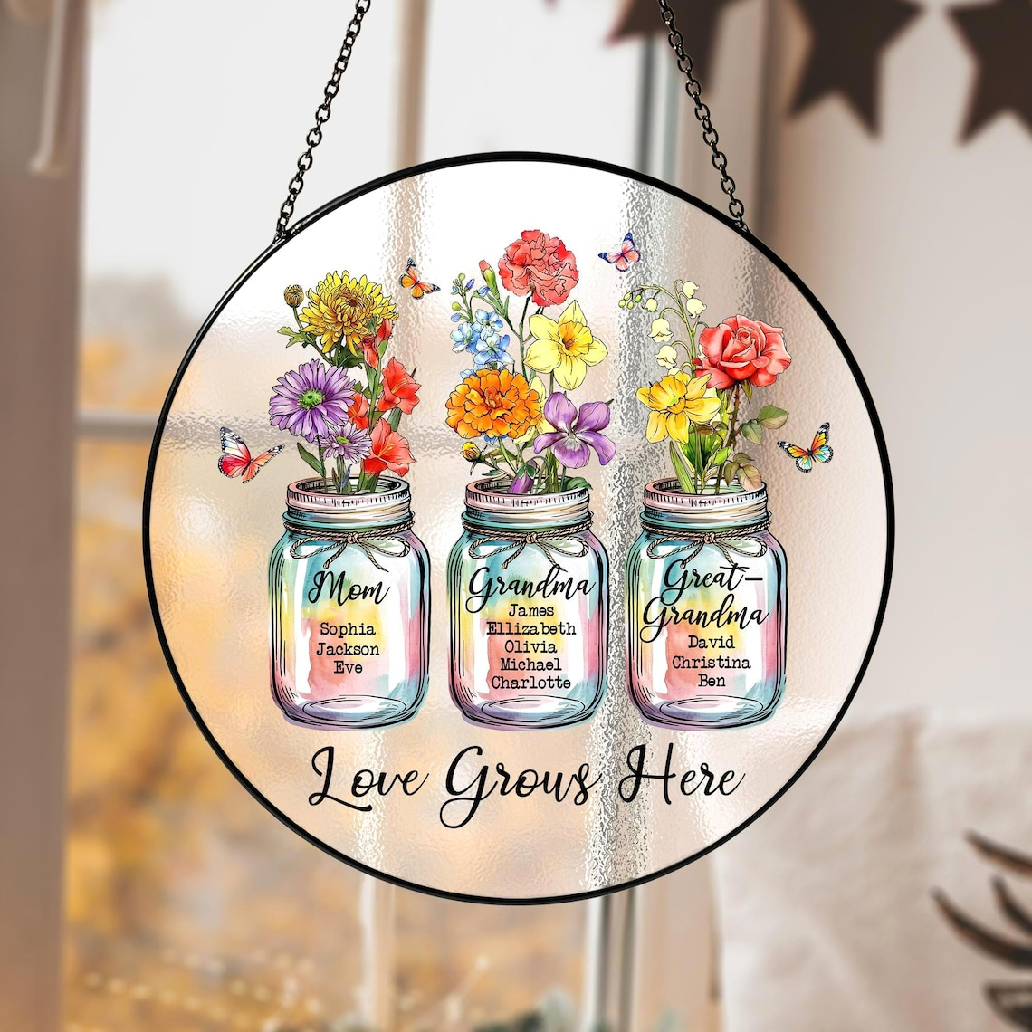 Personalized Grandma Suncatcher, Birth Month Flower Stained Glass, Great Grandmas Garden Suncatcher, Mother Day Gift for Grandma, Nana, Gigi