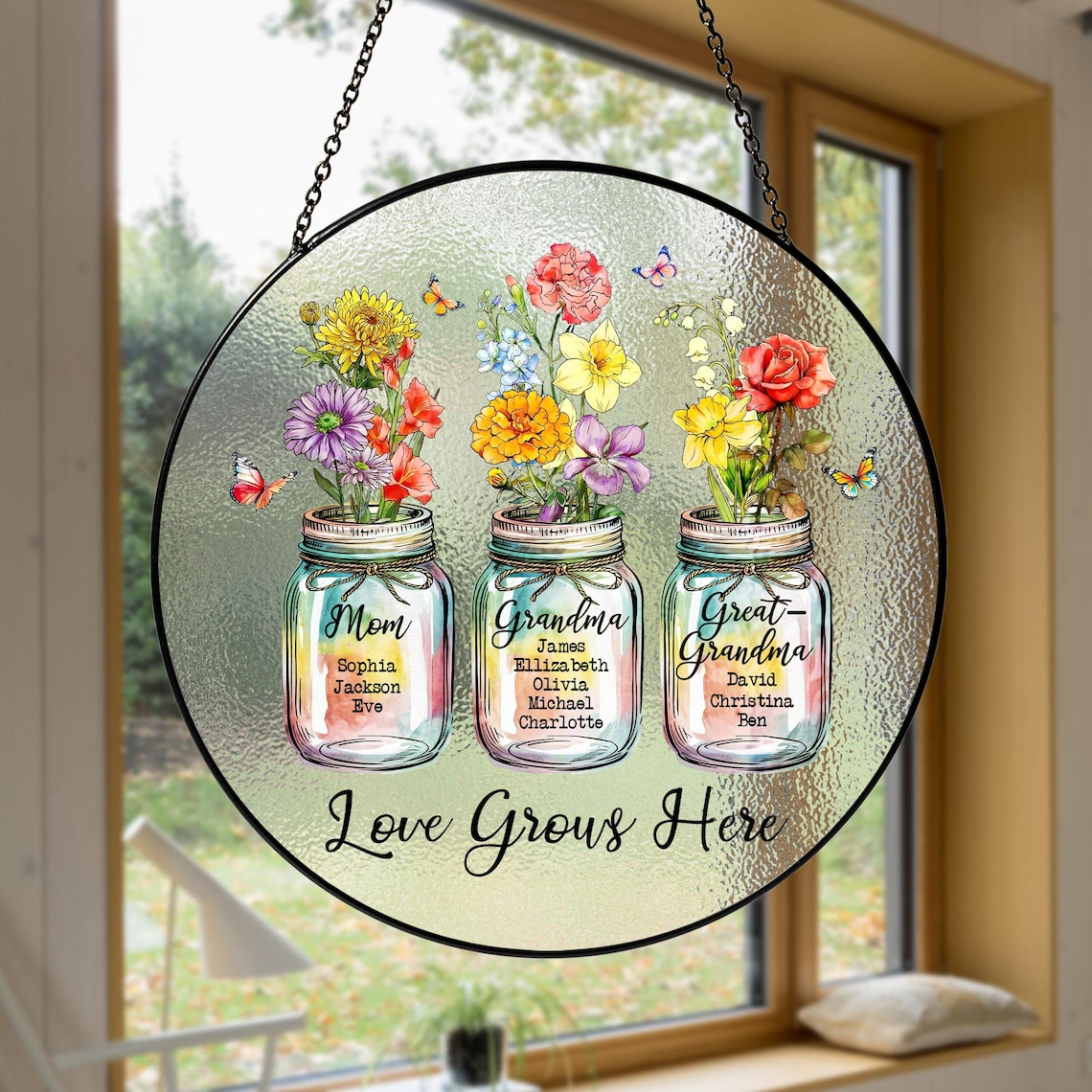 Personalized Grandma Suncatcher, Birth Month Flower Stained Glass, Great Grandmas Garden Suncatcher, Mother Day Gift for Grandma, Nana, Gigi