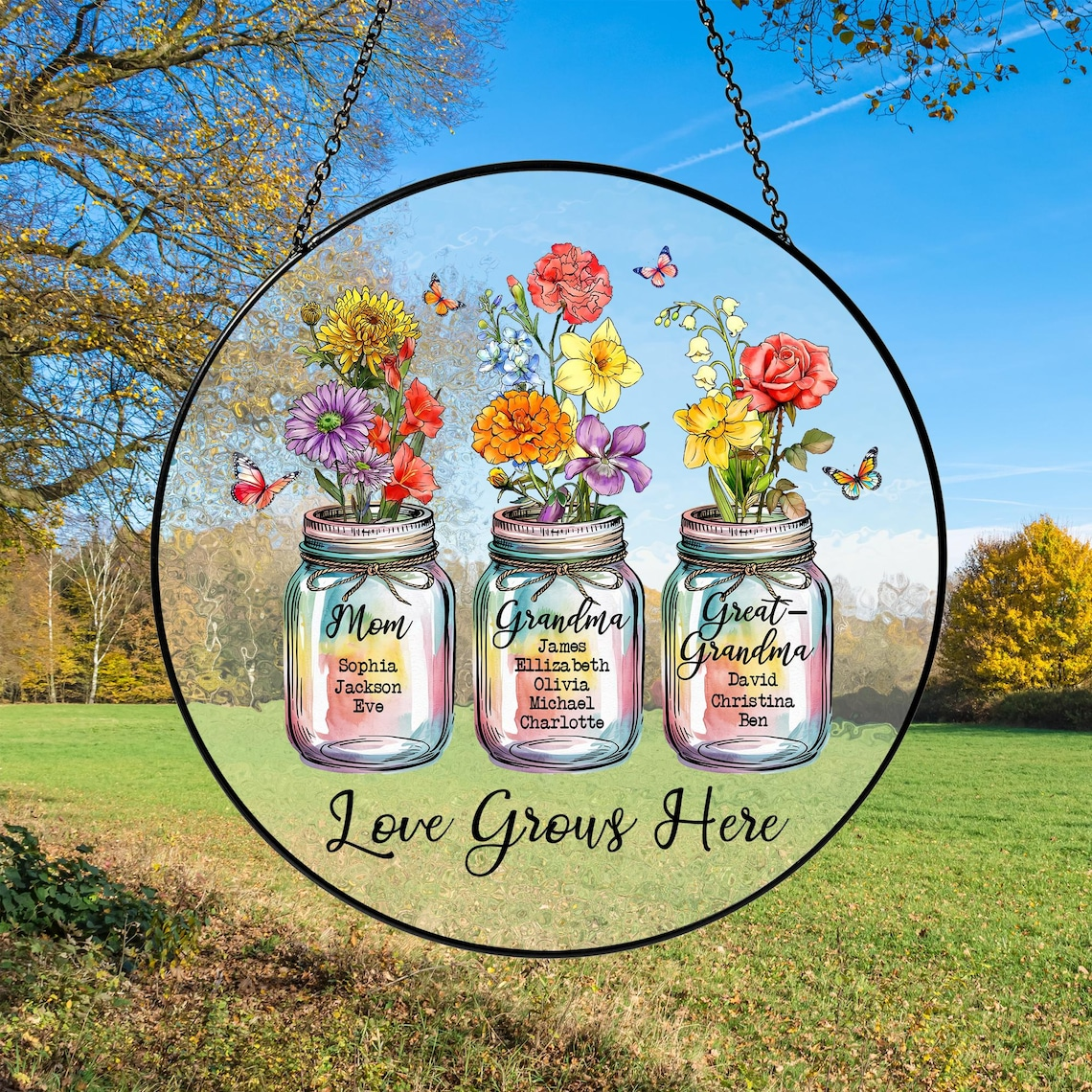 Personalized Grandma Suncatcher, Birth Month Flower Stained Glass, Great Grandmas Garden Suncatcher, Mother Day Gift for Grandma, Nana, Gigi