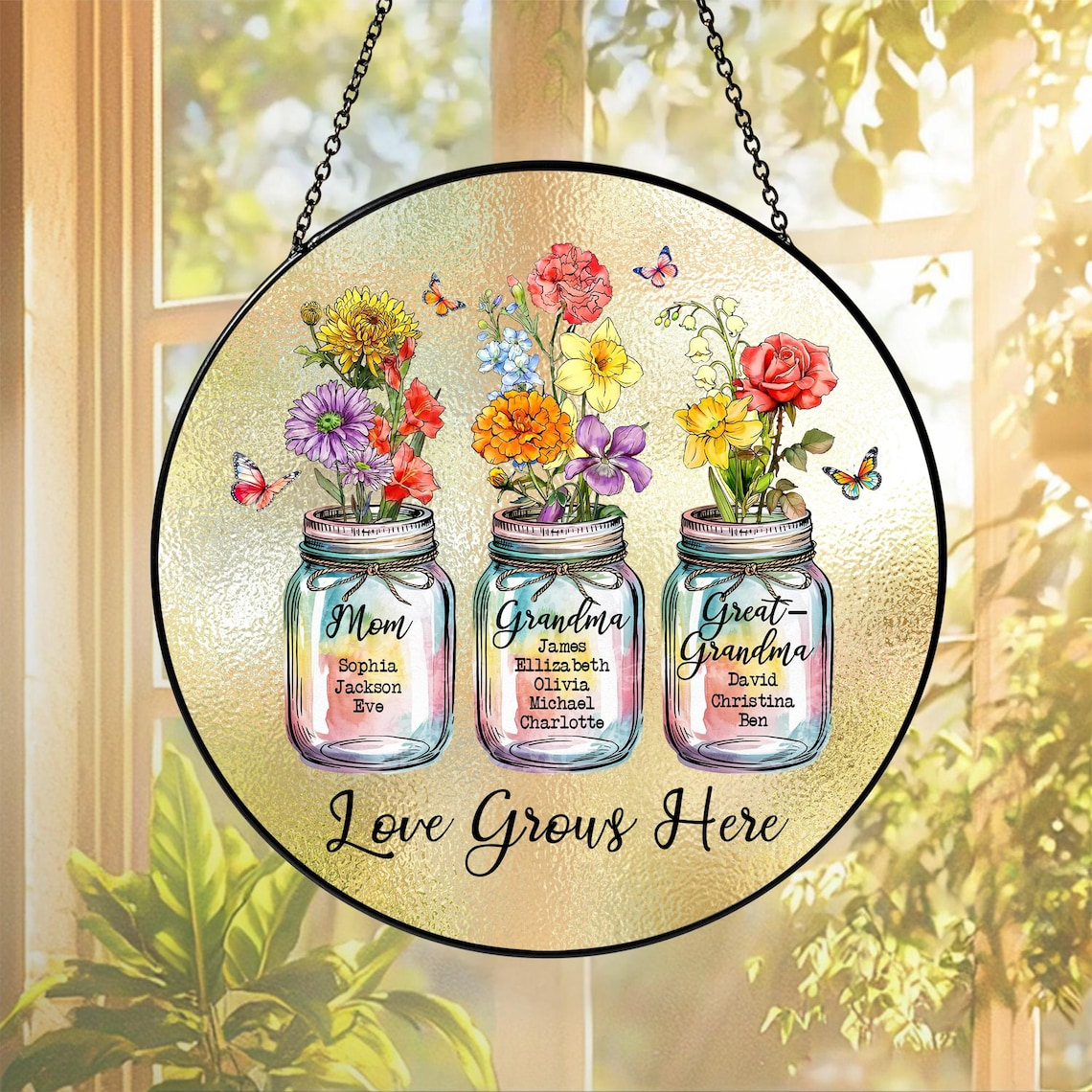 Personalized Grandma Suncatcher, Birth Month Flower Stained Glass, Great Grandmas Garden Suncatcher, Mother Day Gift for Grandma, Nana, Gigi