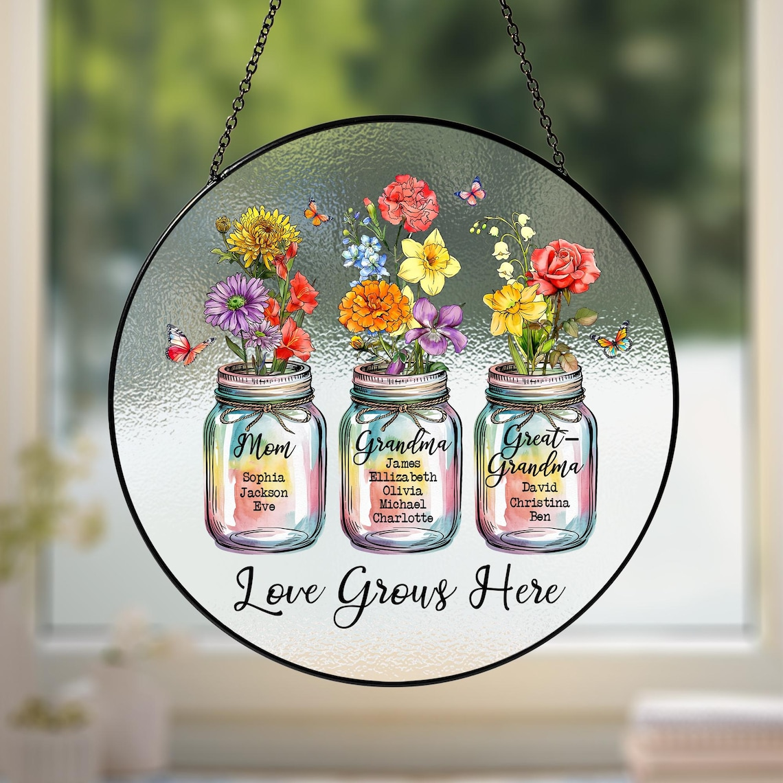 Personalized Grandma Suncatcher, Birth Month Flower Stained Glass, Great Grandmas Garden Suncatcher, Mother Day Gift for Grandma, Nana, Gigi