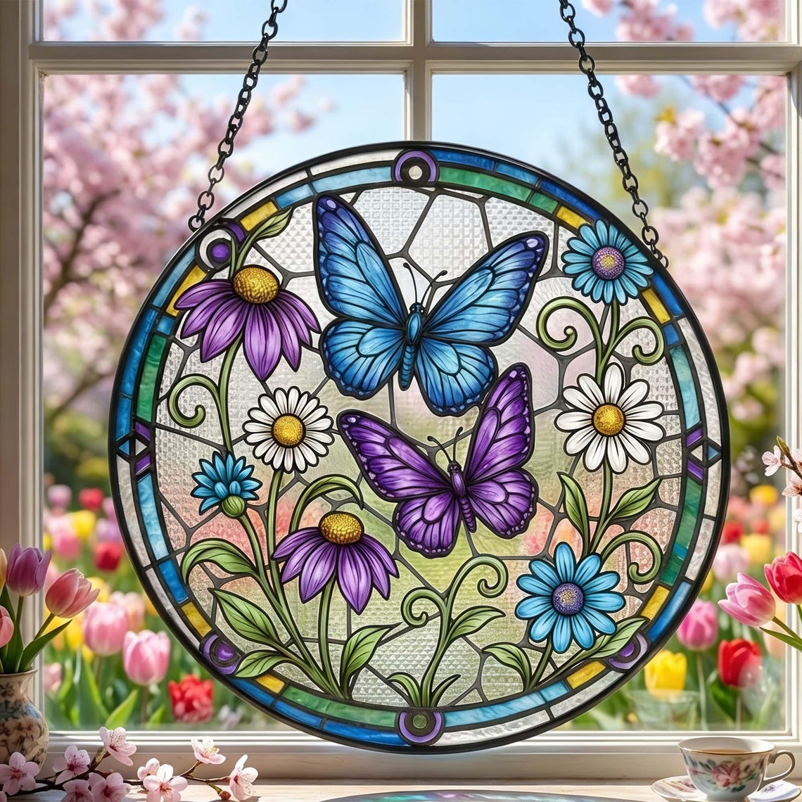 Butterfly and Flower Stained Glass Suncatcher Butterflies Window Hanging, Mother's Day Gift