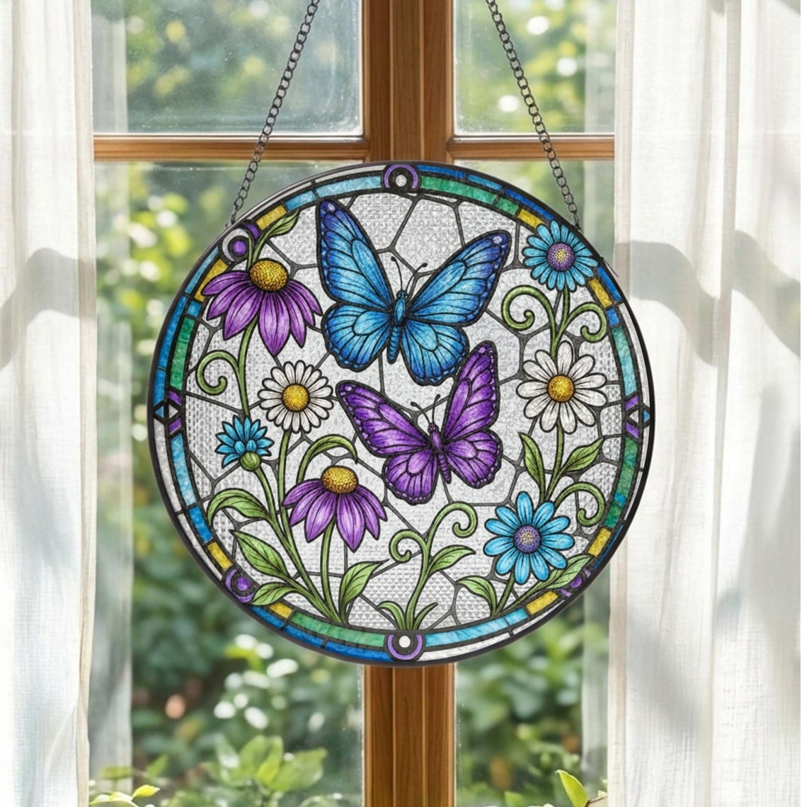 Butterfly and Flower Stained Glass Suncatcher Butterflies Window Hanging, Mother's Day Gift