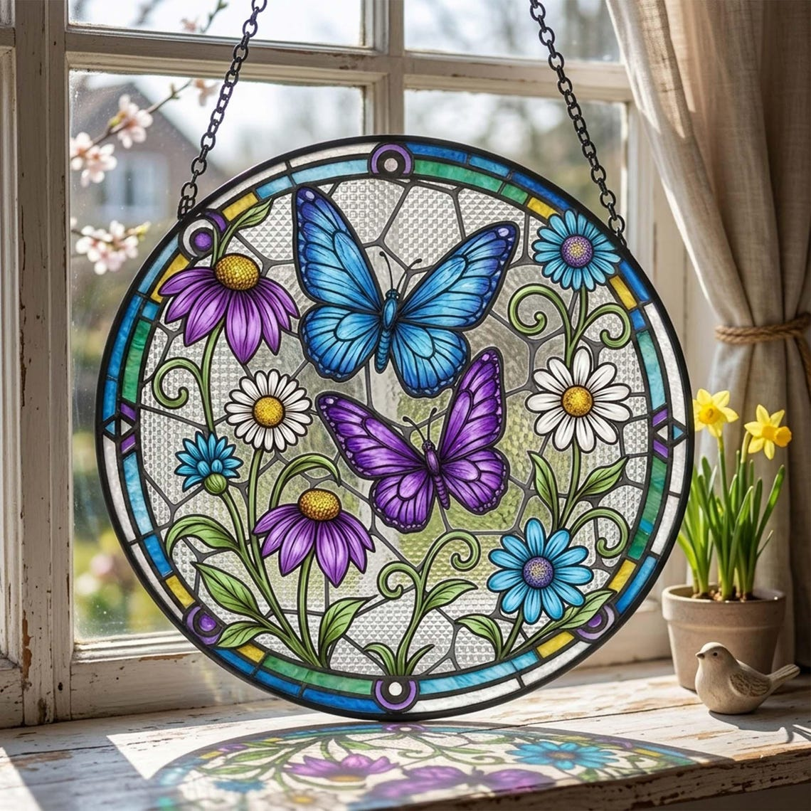 Butterfly and Flower Stained Glass Suncatcher Butterflies Window Hanging, Mother's Day Gift