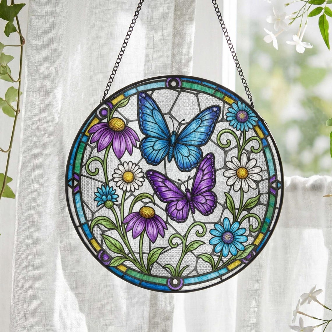Butterfly and Flower Stained Glass Suncatcher Butterflies Window Hanging, Mother's Day Gift