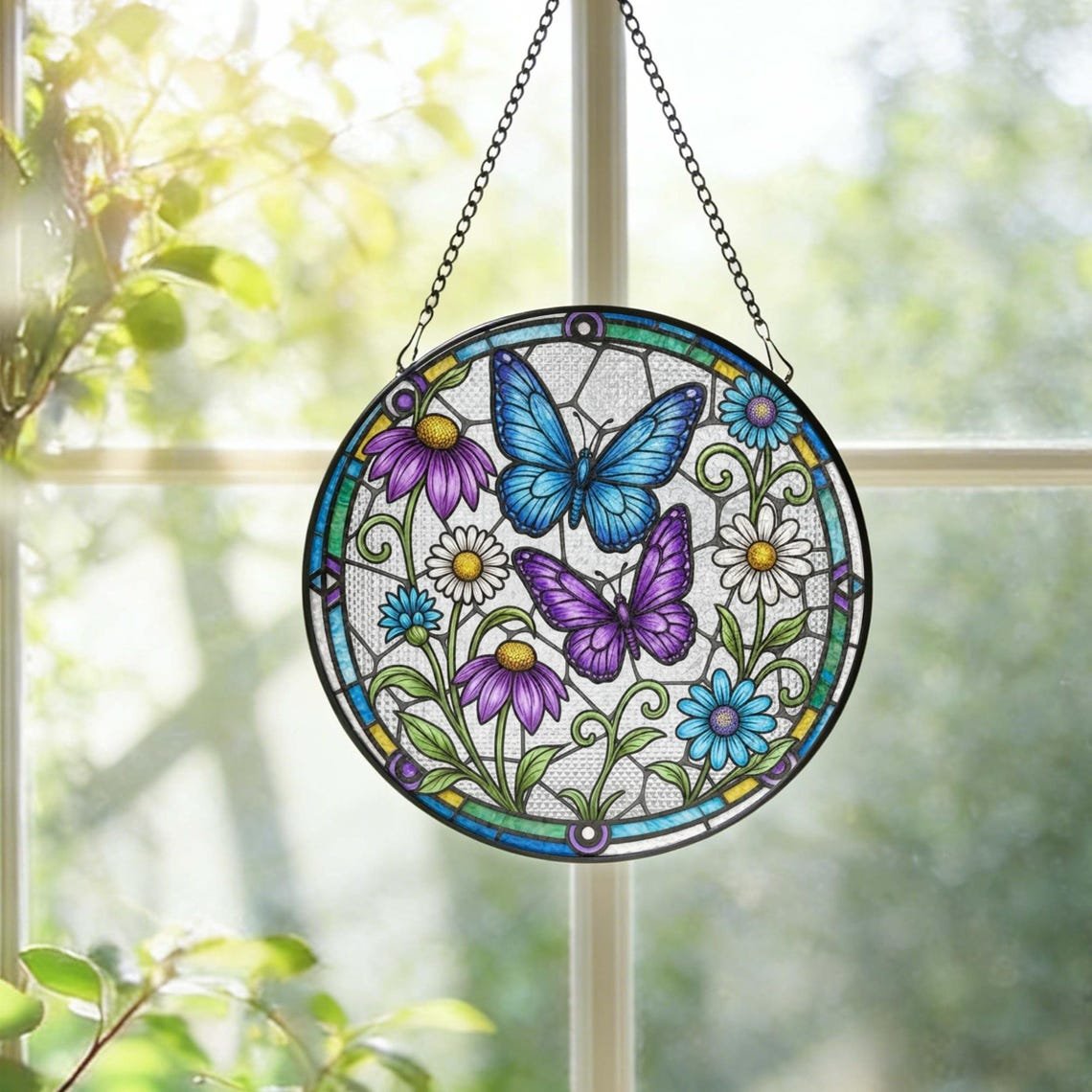 Butterfly and Flower Stained Glass Suncatcher Butterflies Window Hanging, Mother's Day Gift