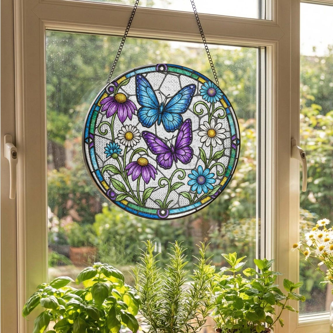 Butterfly and Flower Stained Glass Suncatcher Butterflies Window Hanging, Mother's Day Gift
