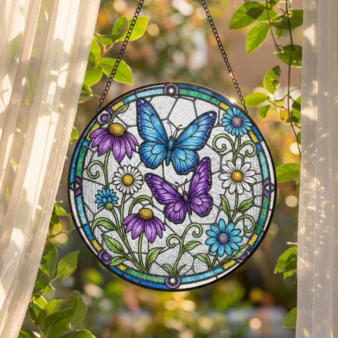 Butterfly and Flower Stained Glass Suncatcher Butterflies Window Hanging, Mother's Day Gift