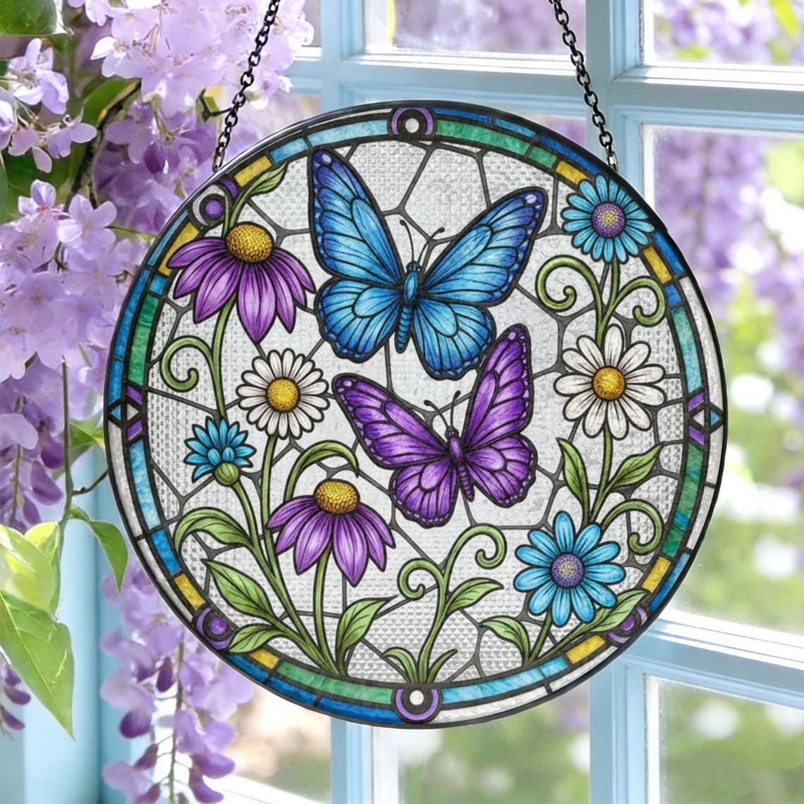 Butterfly and Flower Stained Glass Suncatcher Butterflies Window Hanging, Mother's Day Gift