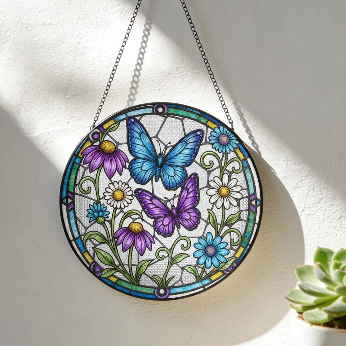 Butterfly and Flower Stained Glass Suncatcher Butterflies Window Hanging, Mother's Day Gift
