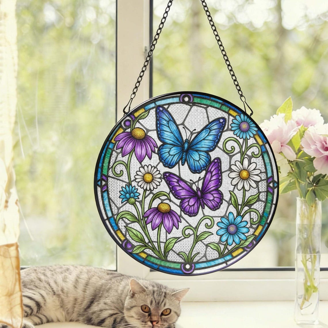 Butterfly and Flower Stained Glass Suncatcher Butterflies Window Hanging, Mother's Day Gift