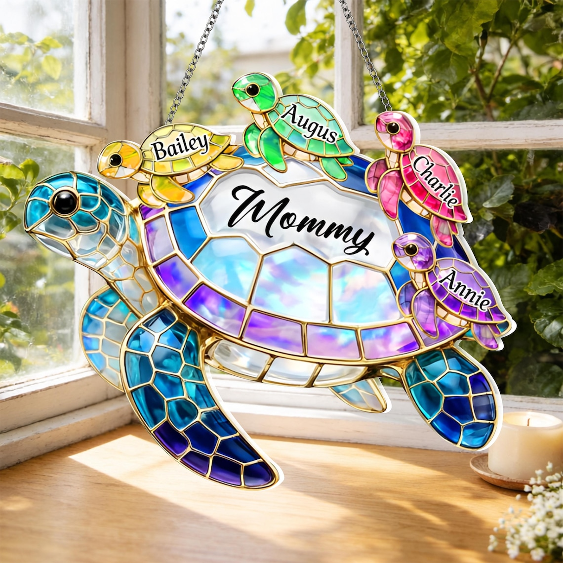 Personalized Grandma Sea Turtle Acrylic Suncatcher, Custom Family Names Hanging Window Decor, Cute Gift for Granny Mother’s Day Birthday