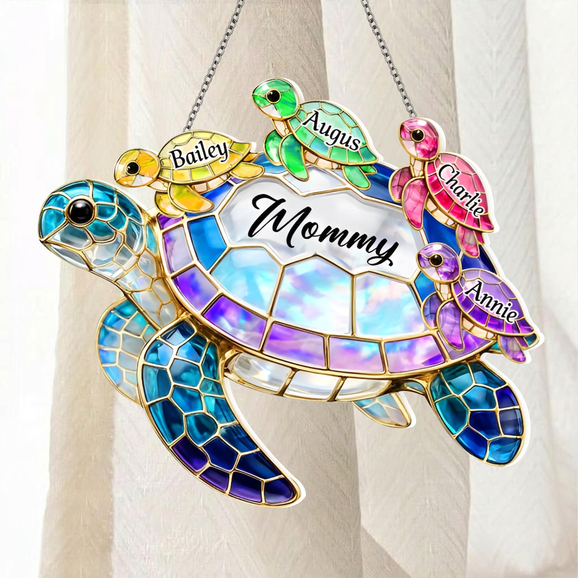 Personalized Grandma Sea Turtle Acrylic Suncatcher, Custom Family Names Hanging Window Decor, Cute Gift for Granny Mother’s Day Birthday