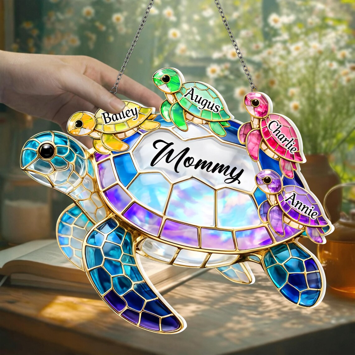 Personalized Grandma Sea Turtle Acrylic Suncatcher, Custom Family Names Hanging Window Decor, Cute Gift for Granny Mother’s Day Birthday